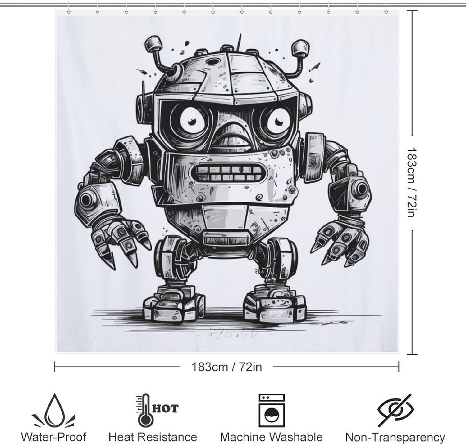 Cartoon Robot Shower Curtain Set with 12 Hooks 72x72in