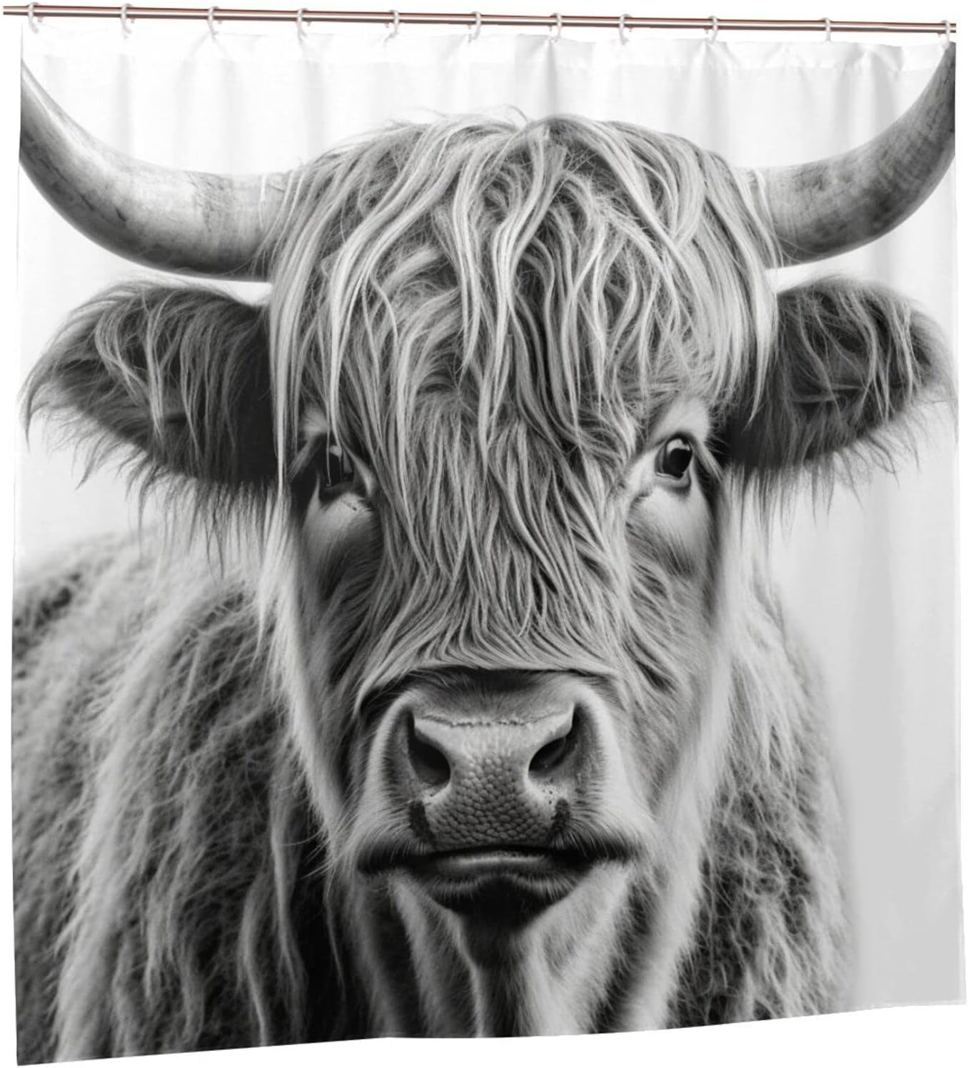 Highland Cow Pattern Waterproof Shower Curtain Set with 12 Hooks 72x72in