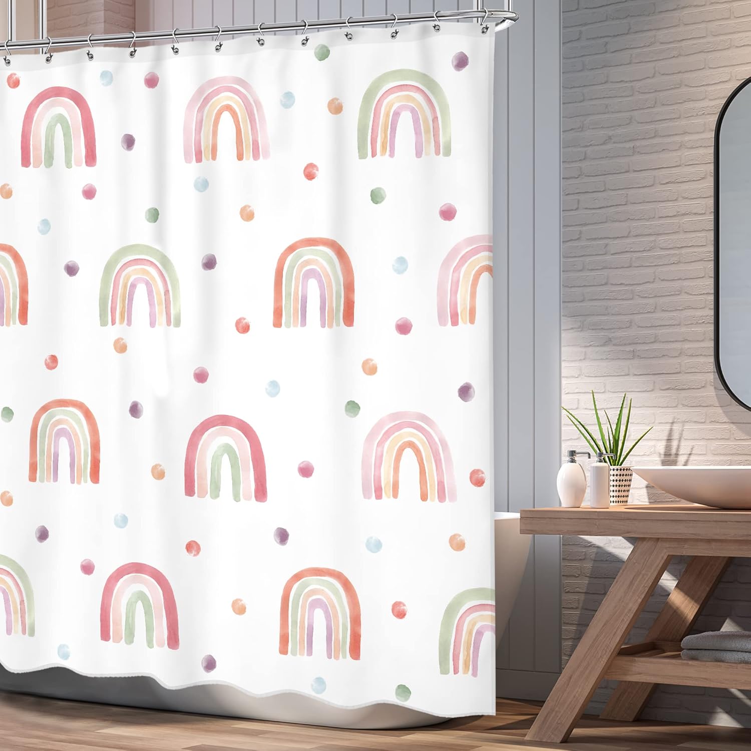 Kids Rainbow Shower Curtain with Hooks