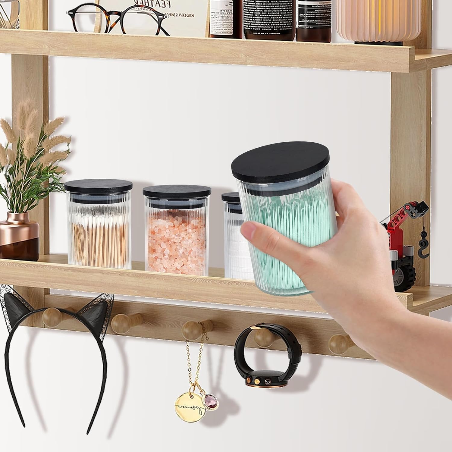 4 Pack Glass Qtip Holder Dispenser Set - Apothecary Style