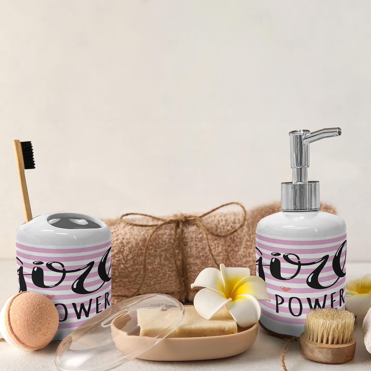 Ambesonne Lettering Soap Dispenser Toothbrush Holder Set Pale Pink Charcoal Grey 1