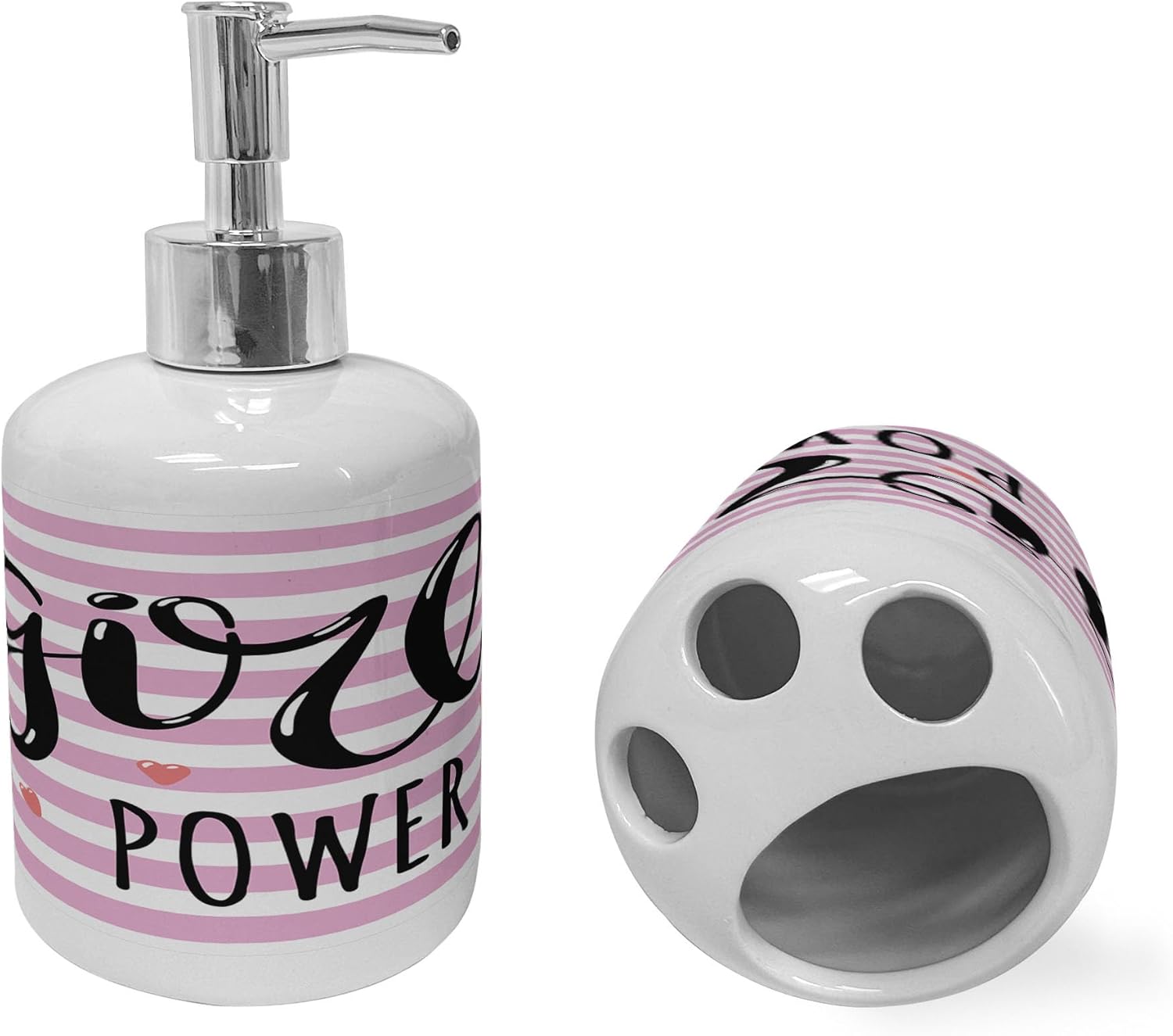 Ambesonne Lettering Soap Dispenser Toothbrush Holder Set Pale Pink Charcoal Grey 1