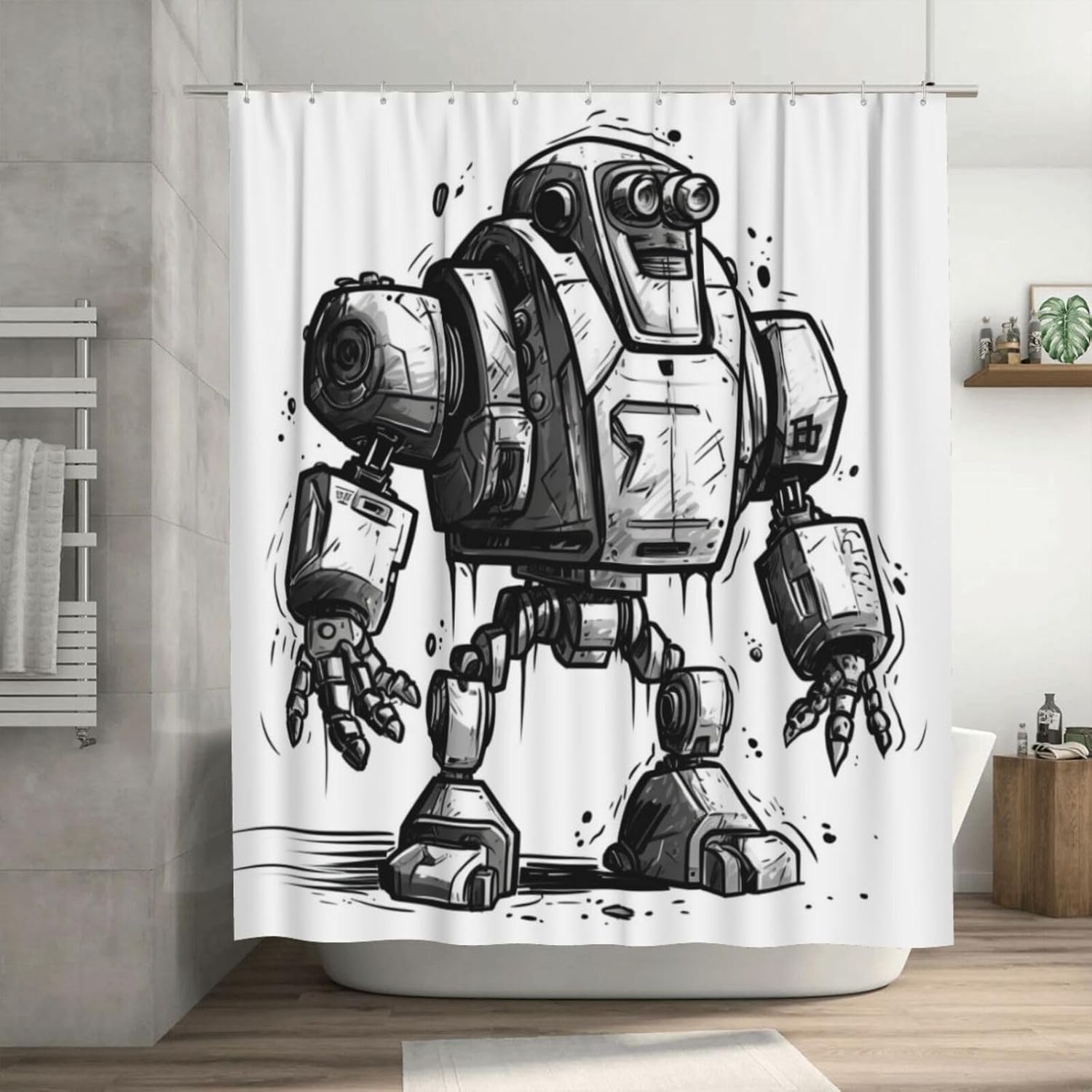 TIYAANDSY Cartoon Robot Shower Curtain Set