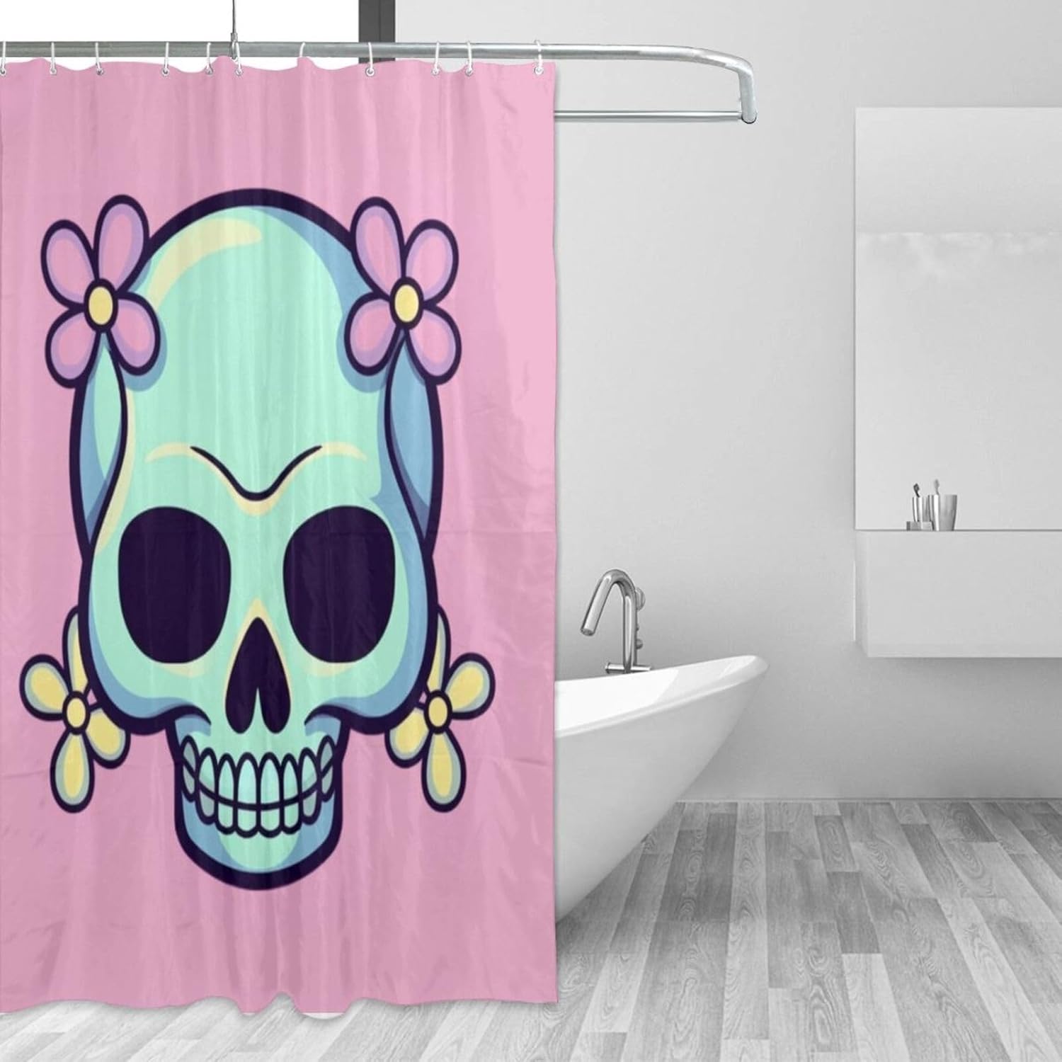 TIYAANDSY Cartoon Skull Pink Flower Shower Curtain Set