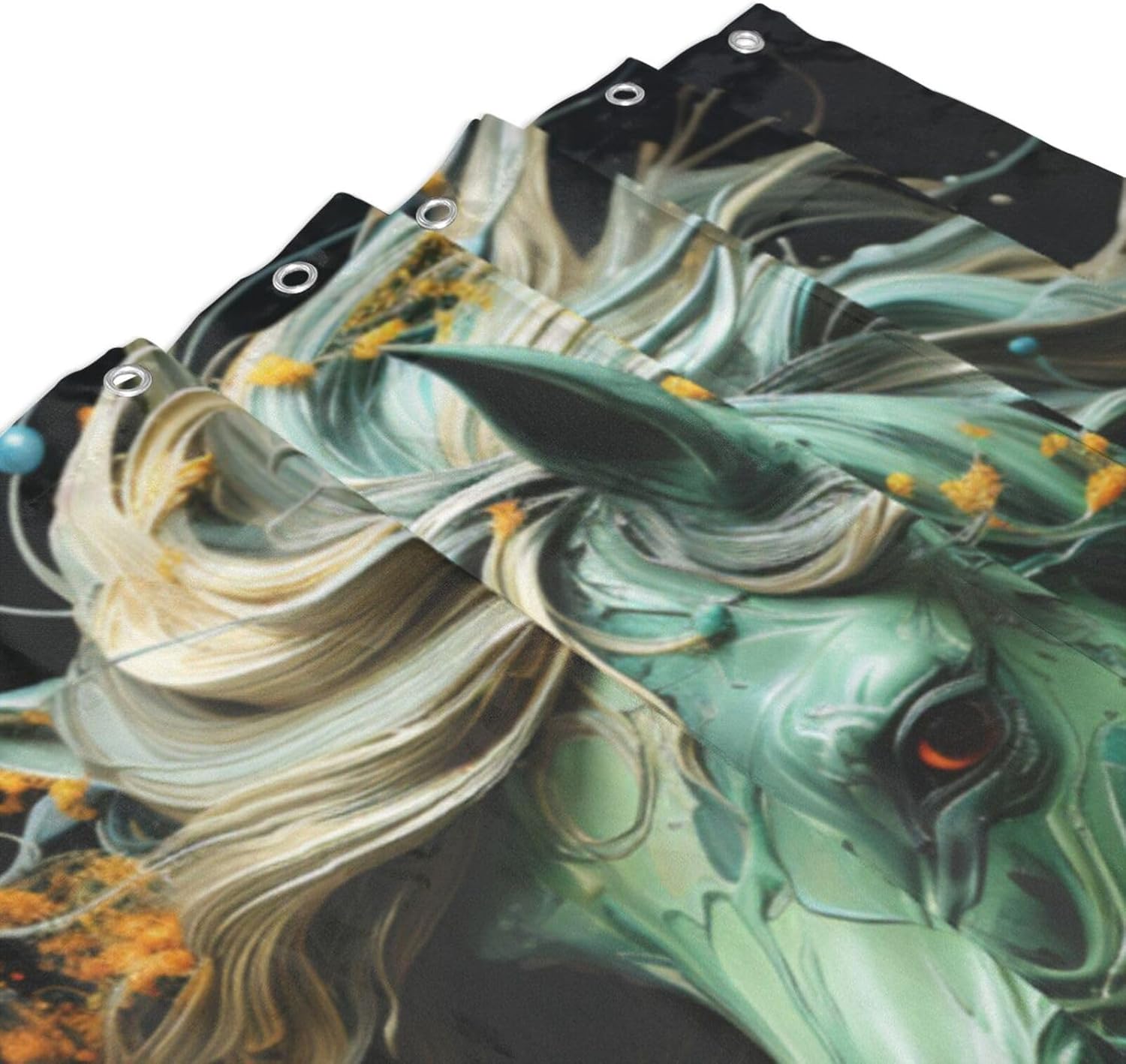 Green Horse Boho Shower Curtain Set with 12 Hooks 72x72in