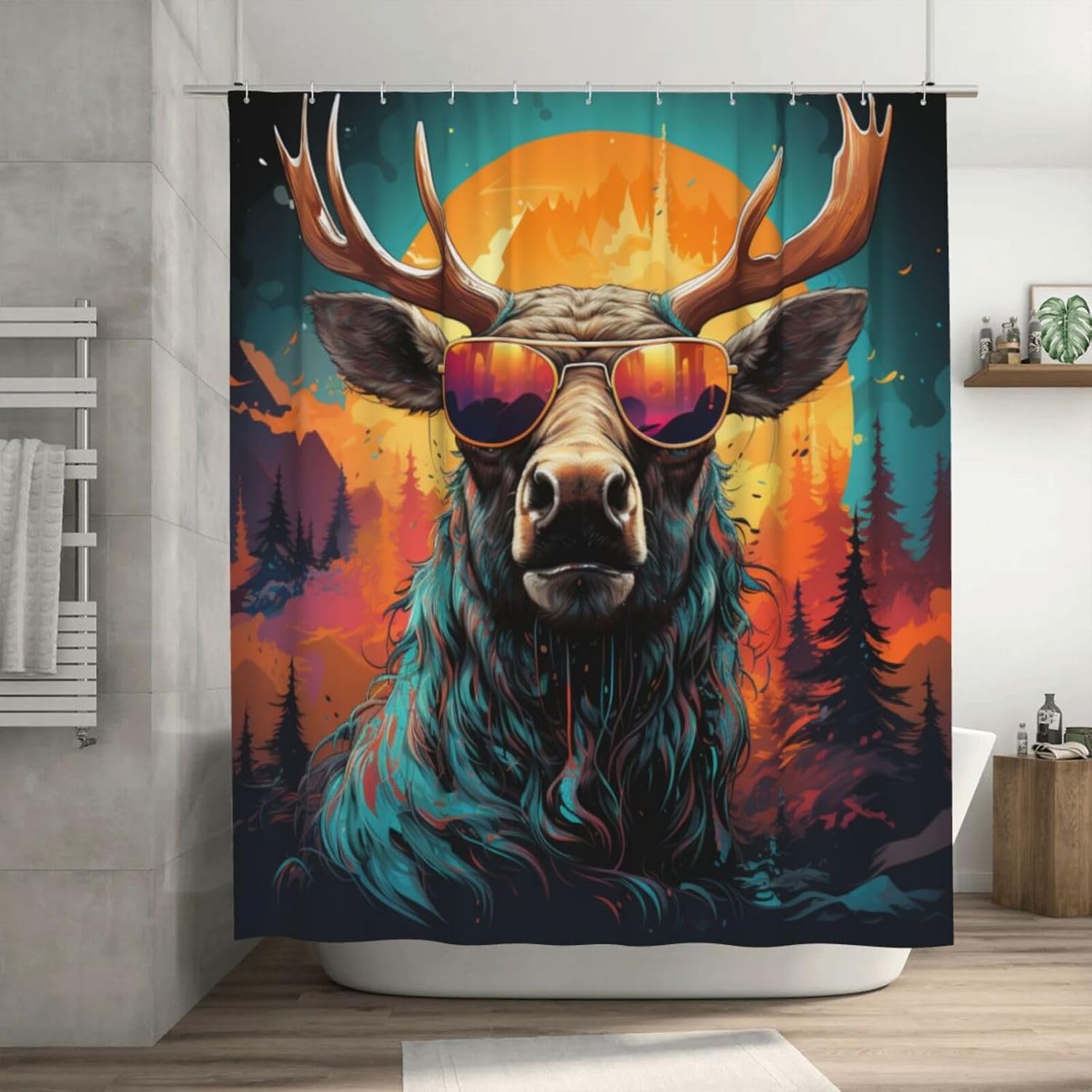 Boho Moose Shower Curtain Set with 12 Hooks 72x72in