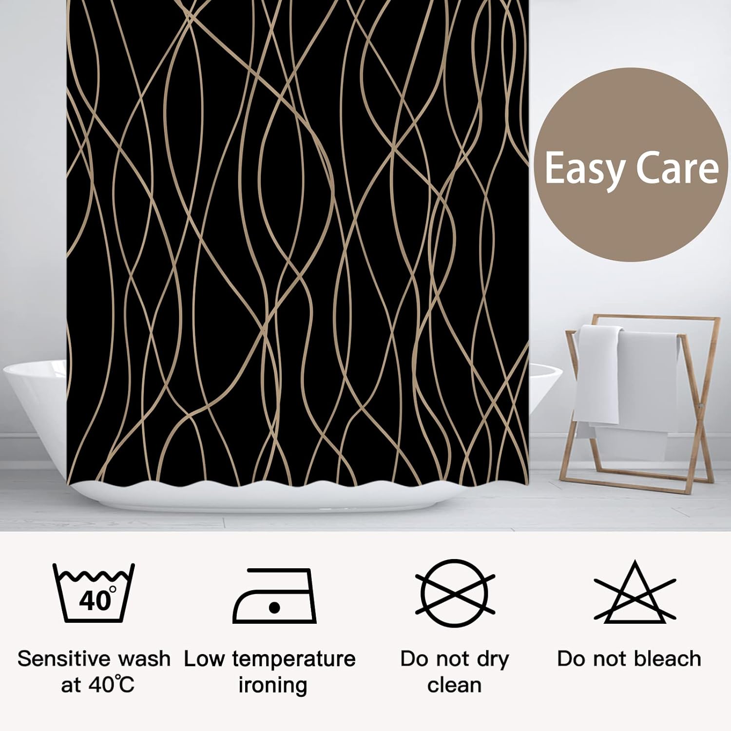 Punkray Wavy Line Polyester Shower Curtain with Hooks 72x72