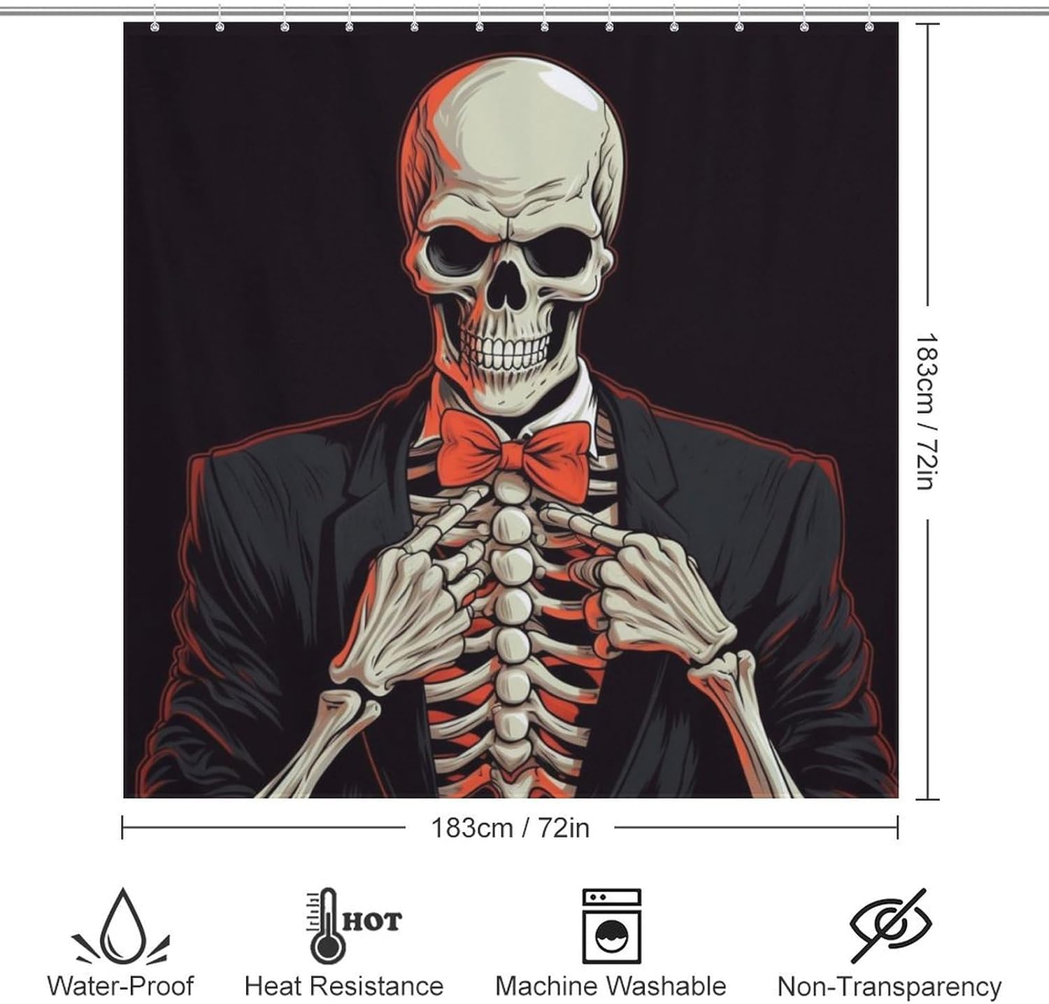 Black Suit Skeleton Shower Curtain with 12 Hooks 72x72in