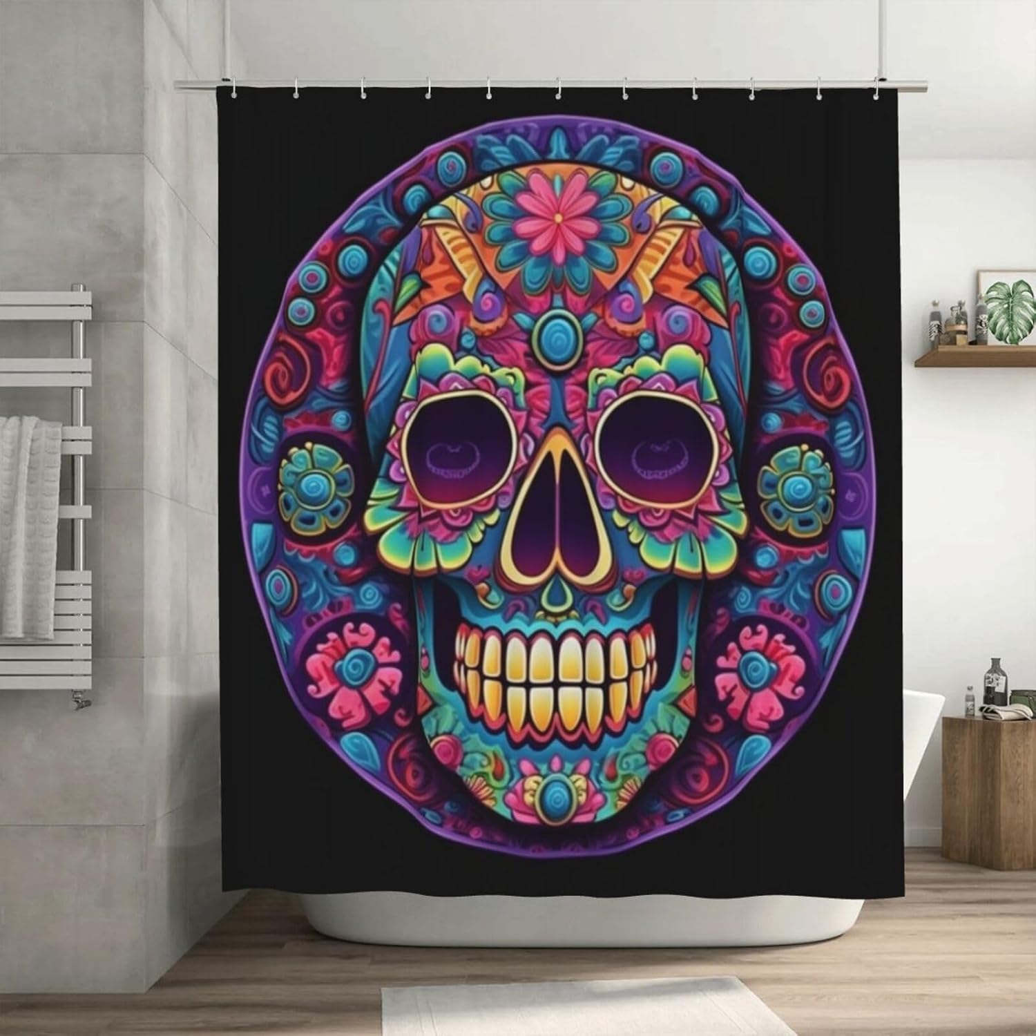 Red Blue Skull Shower Curtain Set with 12 Hooks 72x72in