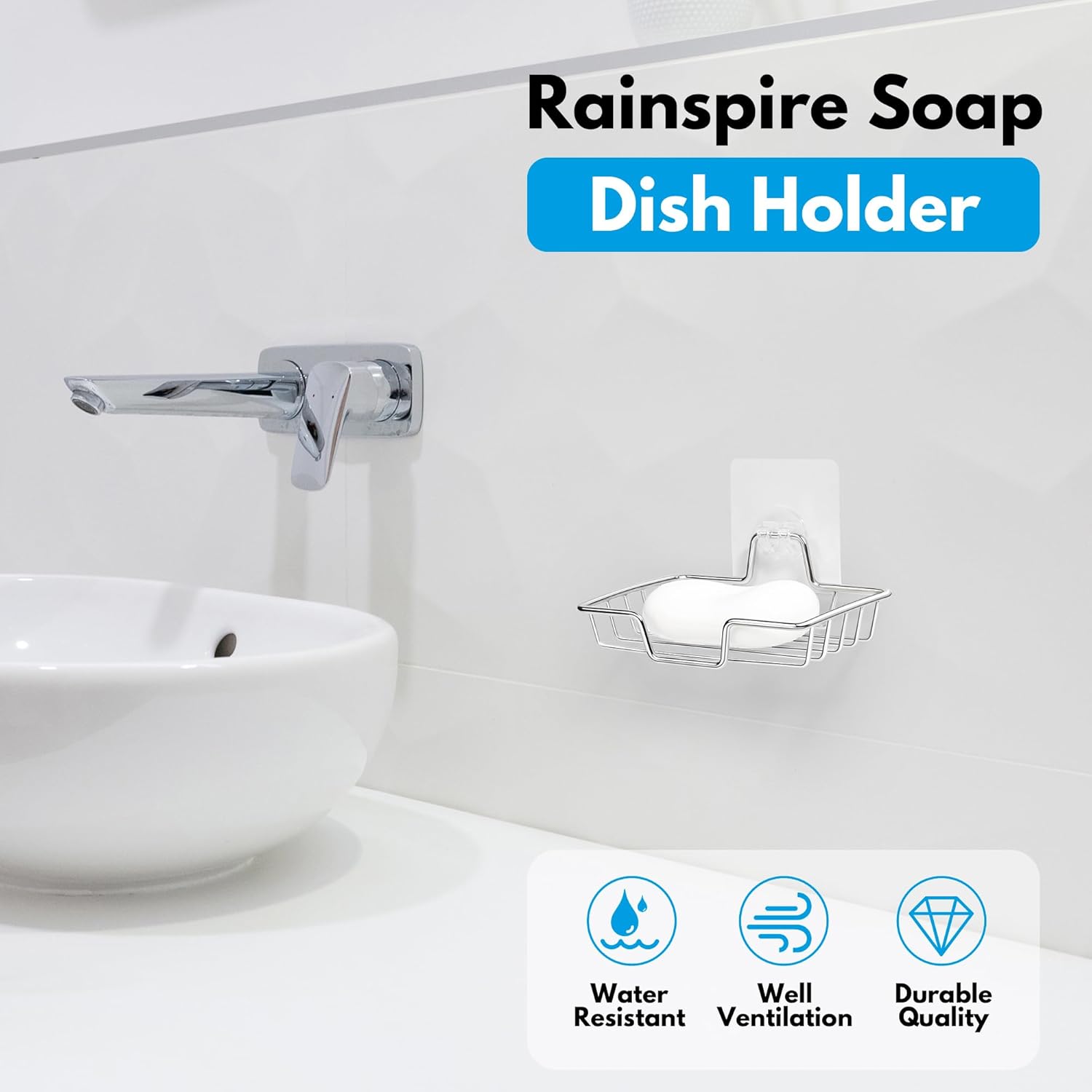 Rainspire Soap Dish Holder No Drilling 304 Stainless Steel Wall-Mounted Square Silver