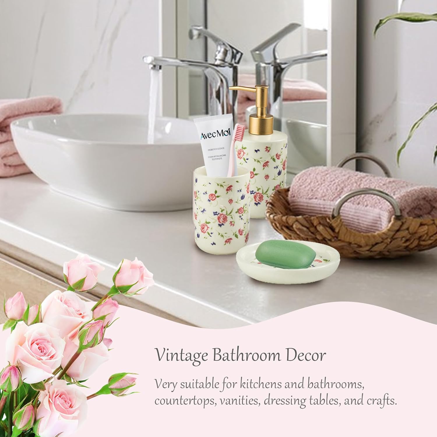 WREWING Rose White Ceramic Bathroom Accessory Set 3PCS