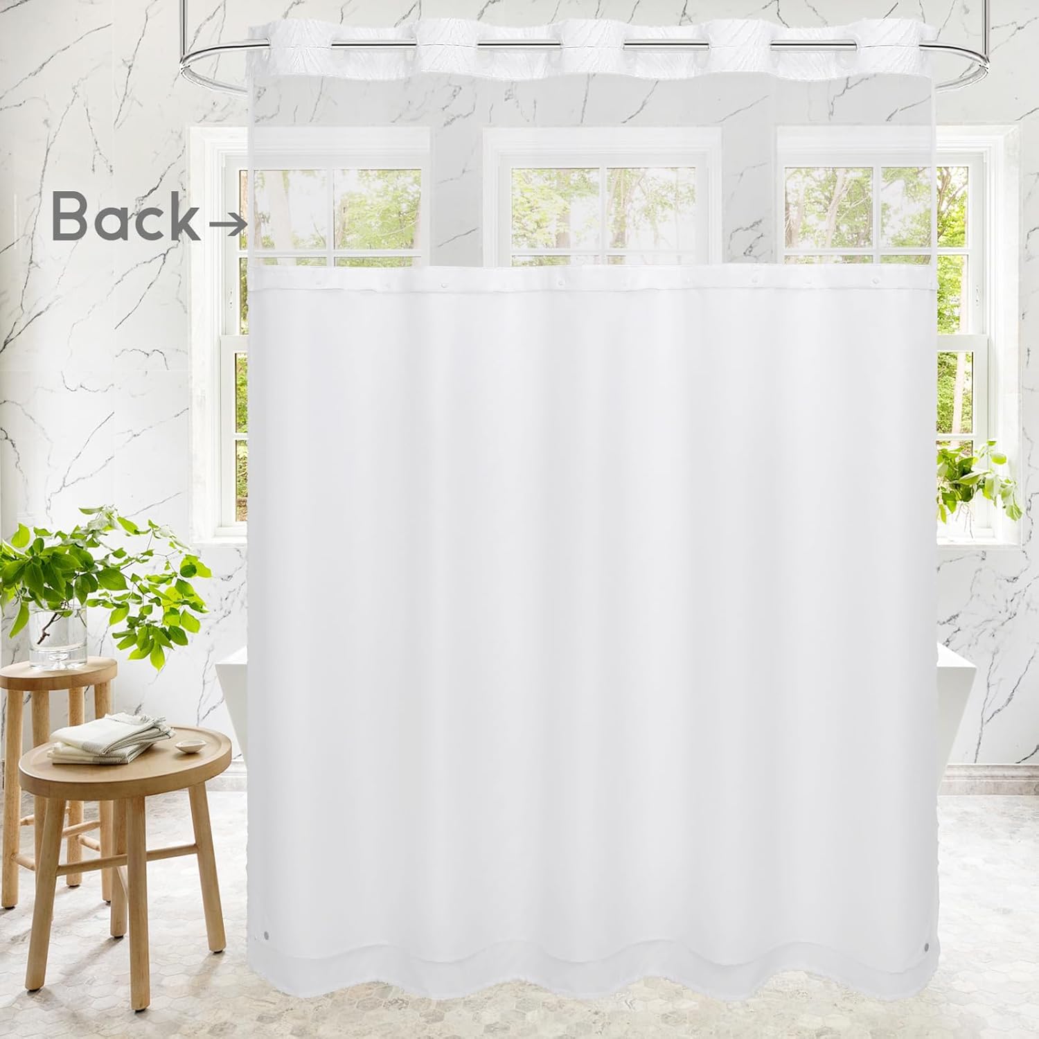 Boho White Shower Curtain Set with Snap Liner and Tufted Design