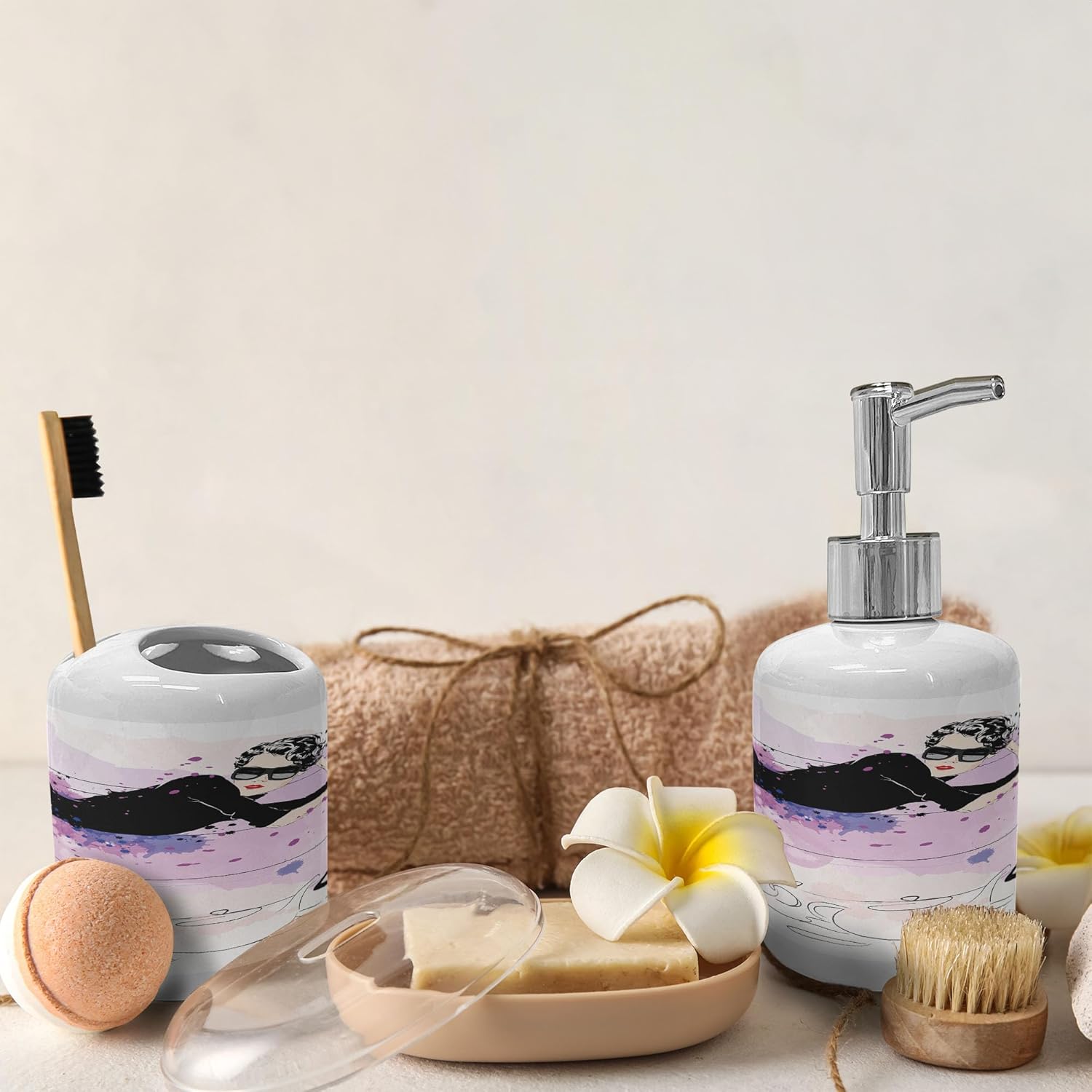 Ambesonne Kitten Soap Toothbrush Holder Set 2 Pcs Home Theme Black Lilac Lavender