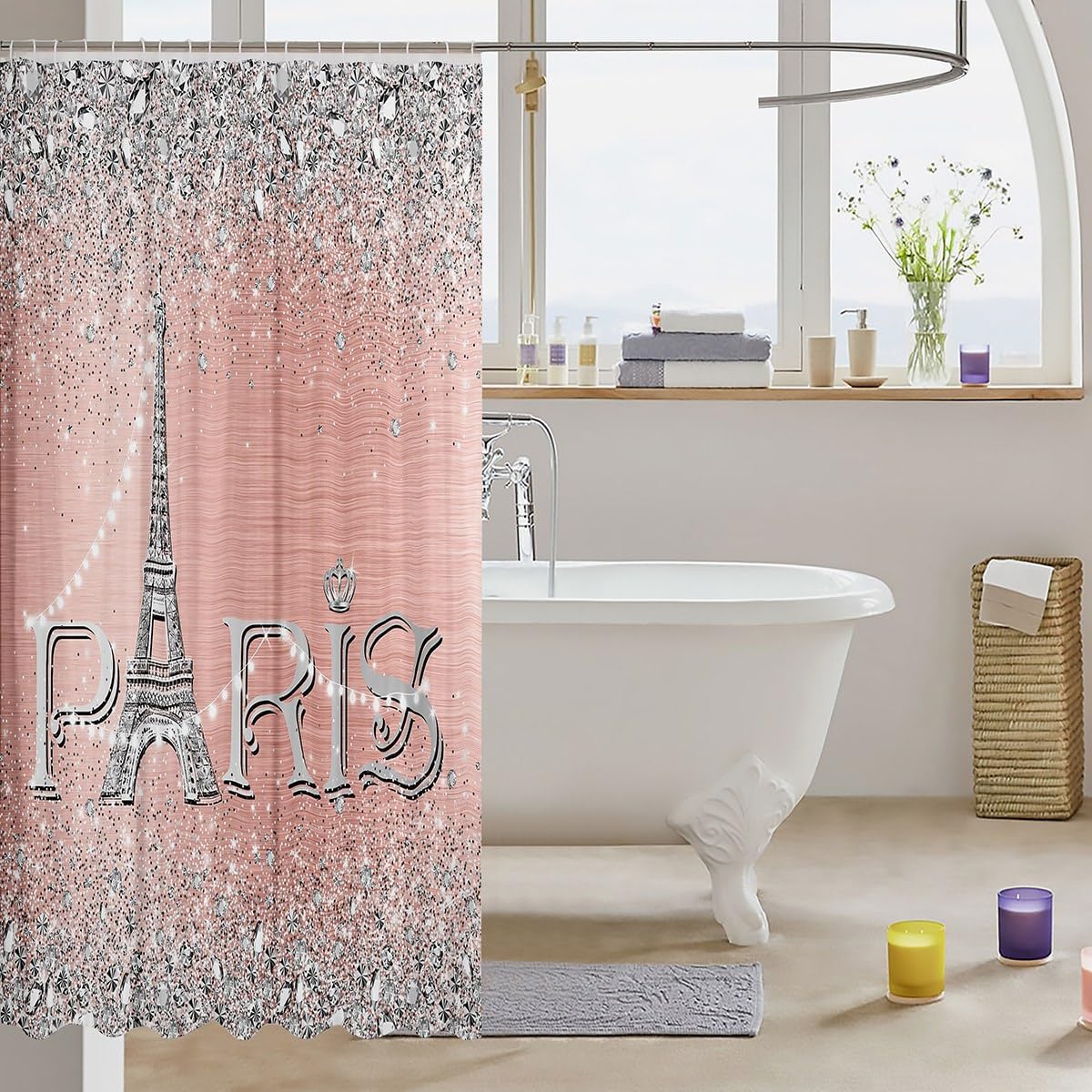 Erosebridal Eiffel Tower Shower Curtain Pink Silver Romantic Paris Decor