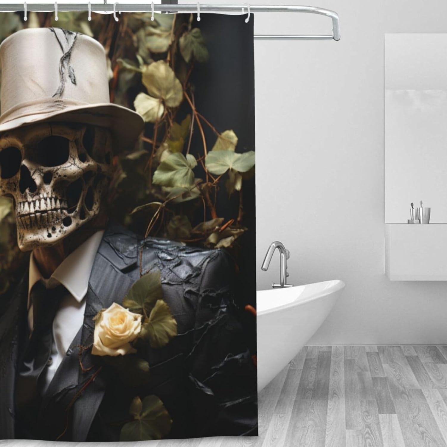 Black Suit Skull Shower Curtain Set with 12 Hooks 72x72in