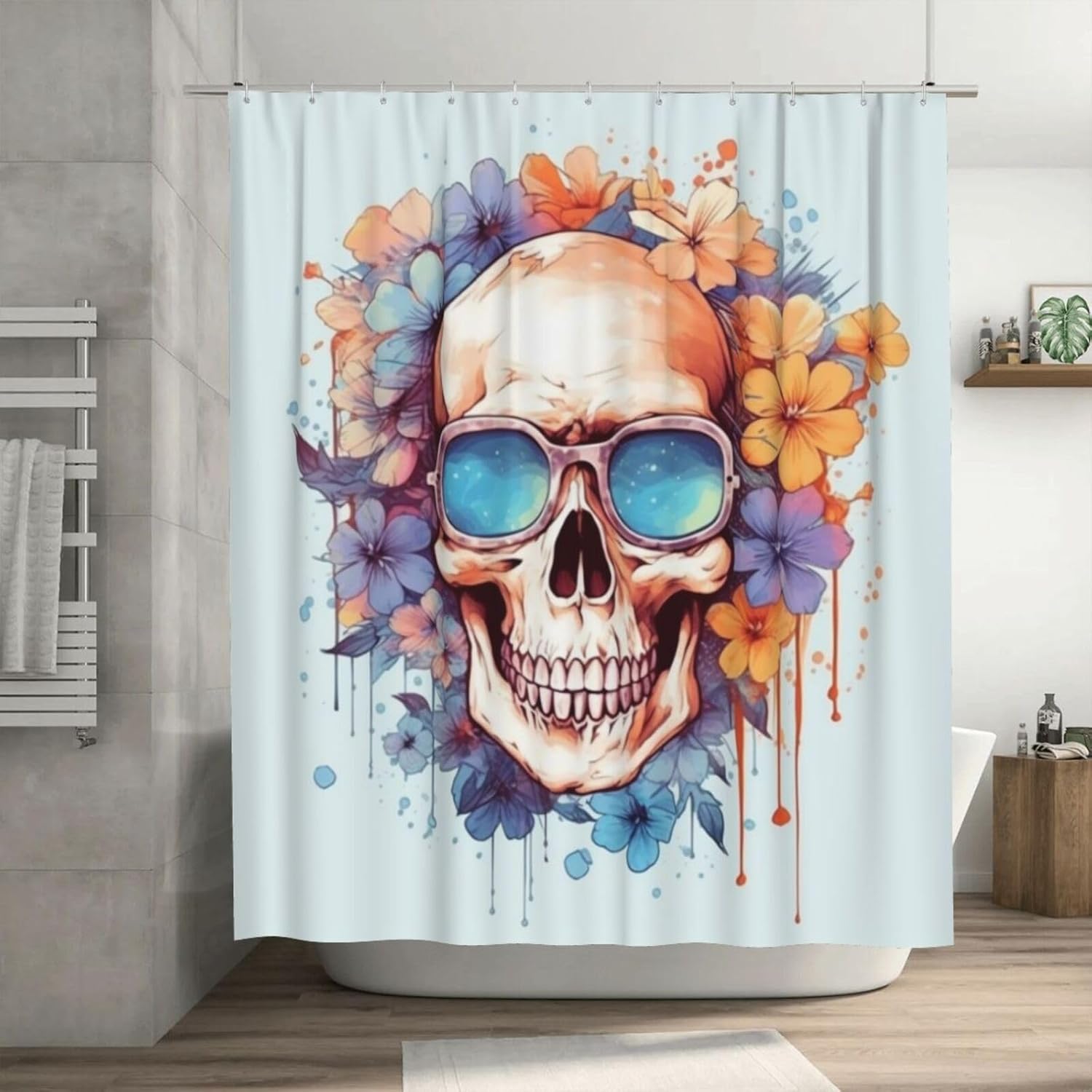 TIYAANDSY Boho Blue Flower Shower Curtain Set with 12 Hooks