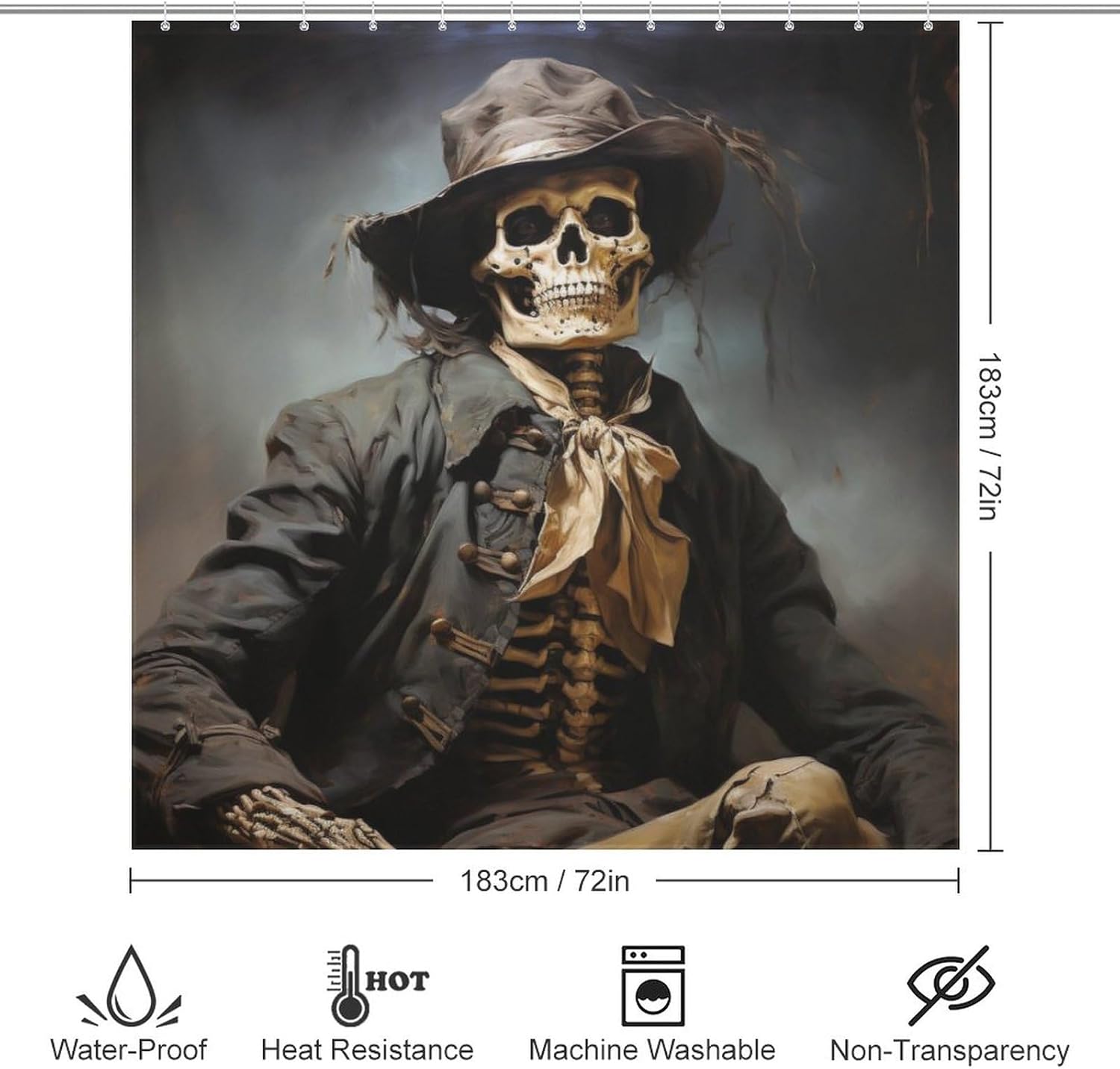 Black Skull Boho Shower Curtain Set with 12 Hooks 72x72in