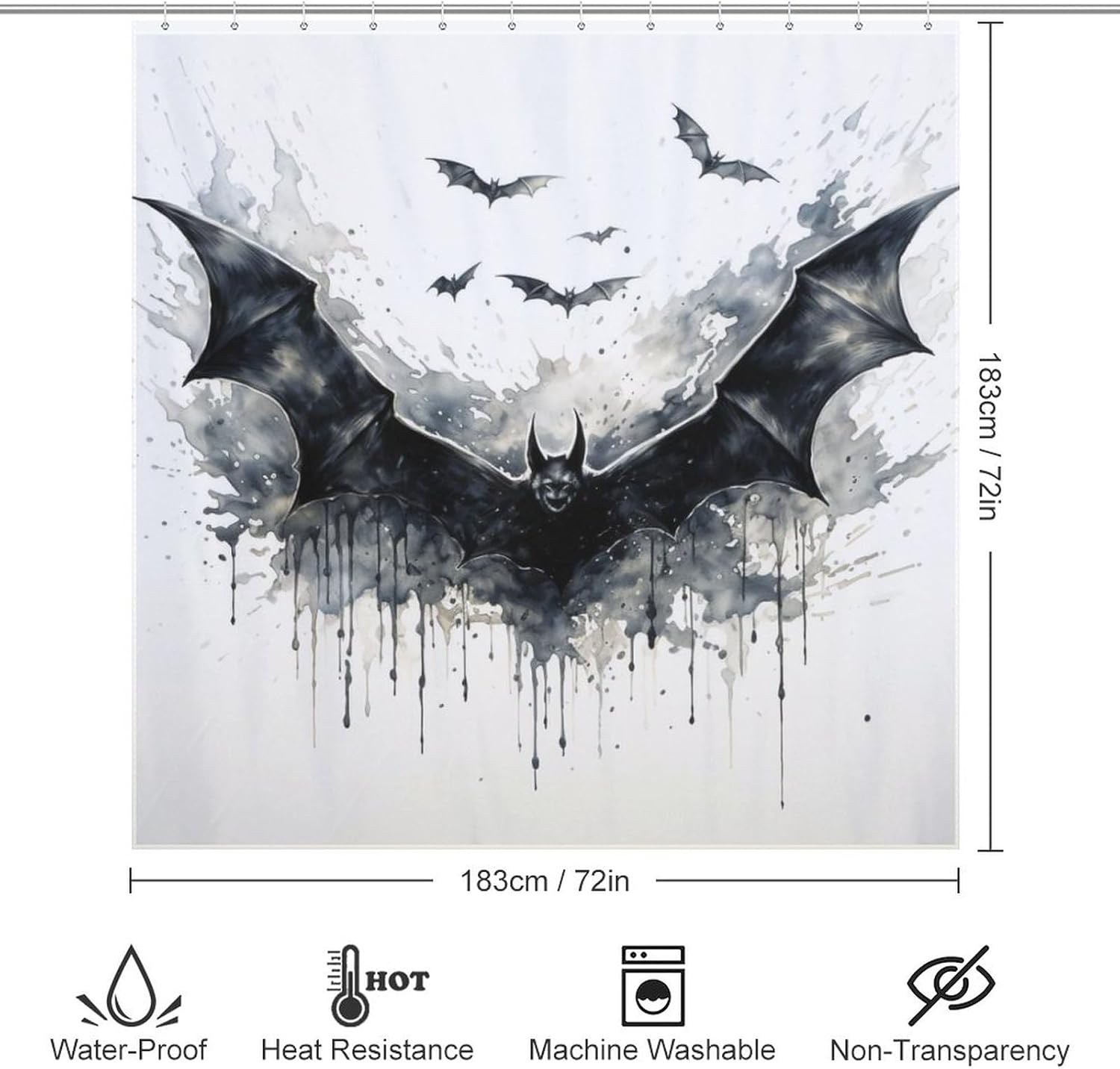 TIYAANDSY Black Bat Shower Curtain Set with 12 Hooks 72x72in