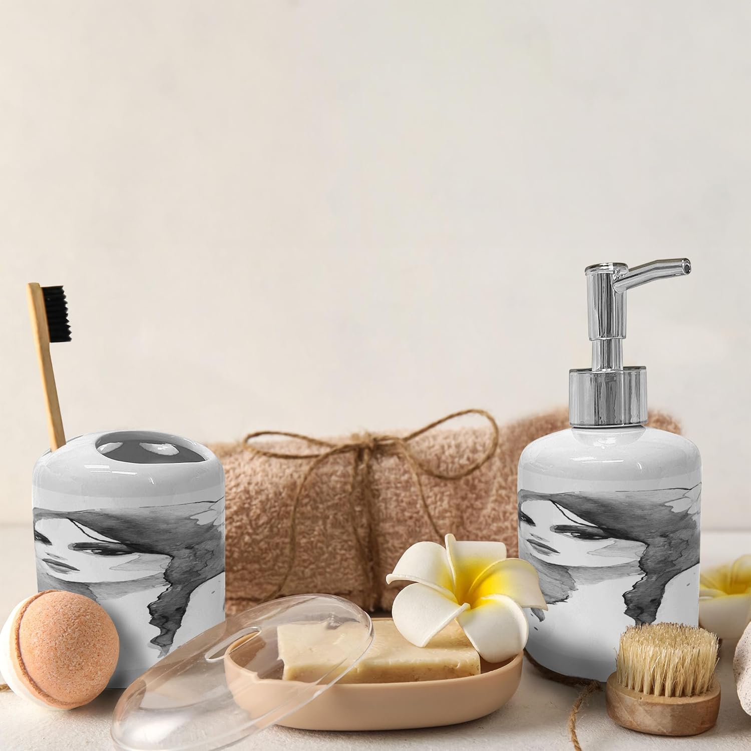 Ambesonne Bathroom Soap Dispenser and Toothbrush Holder Set 2 Pcs White Black