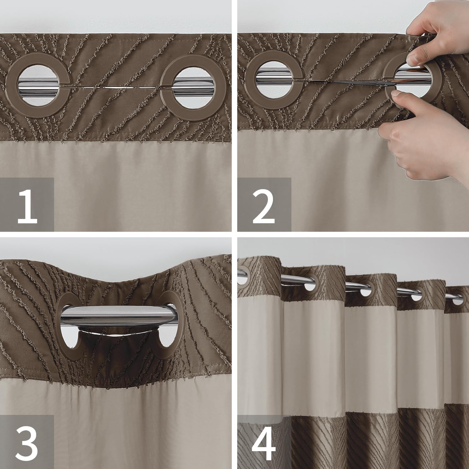 No Hook Shower Curtain Set with Boho Tufted Stripes and See Through Top