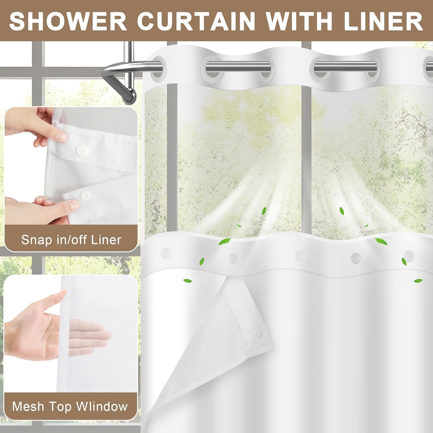 Boho Tropical Shower Curtain Set with Liner Brown Tan 71x74