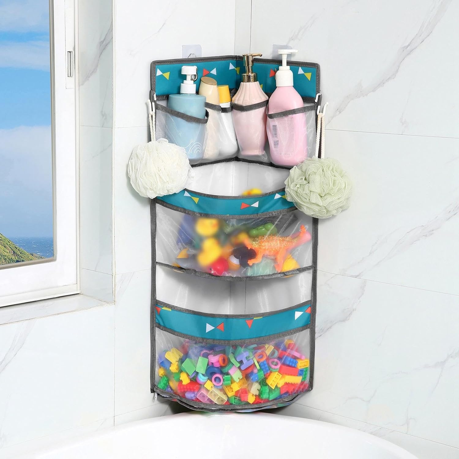 Bathroom Organizer with Toy Holder and Shower Caddy Blue