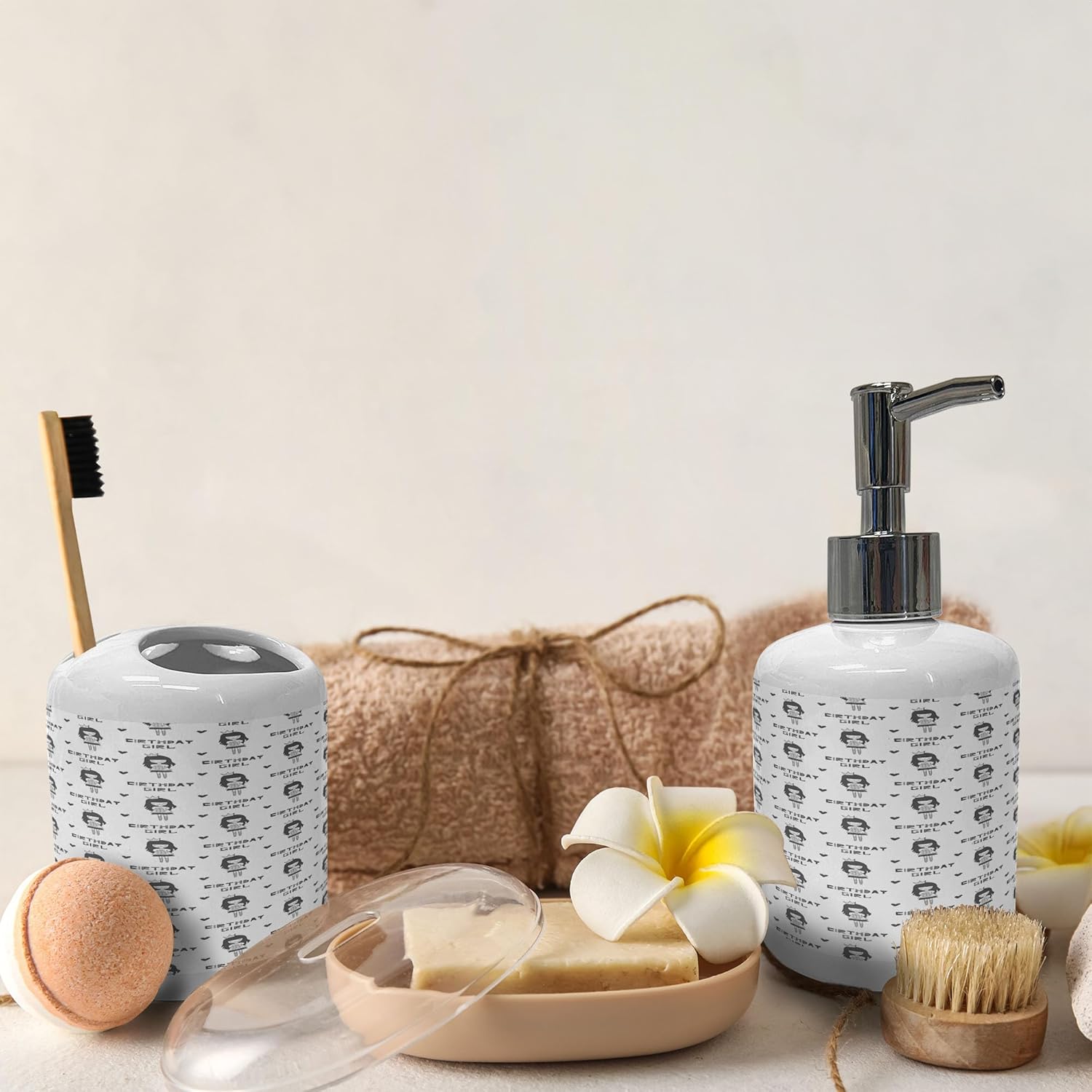 Ambesonne Birthday Soap Dispenser Toothbrush Holder Set Scandinavian Style 2 Pcs