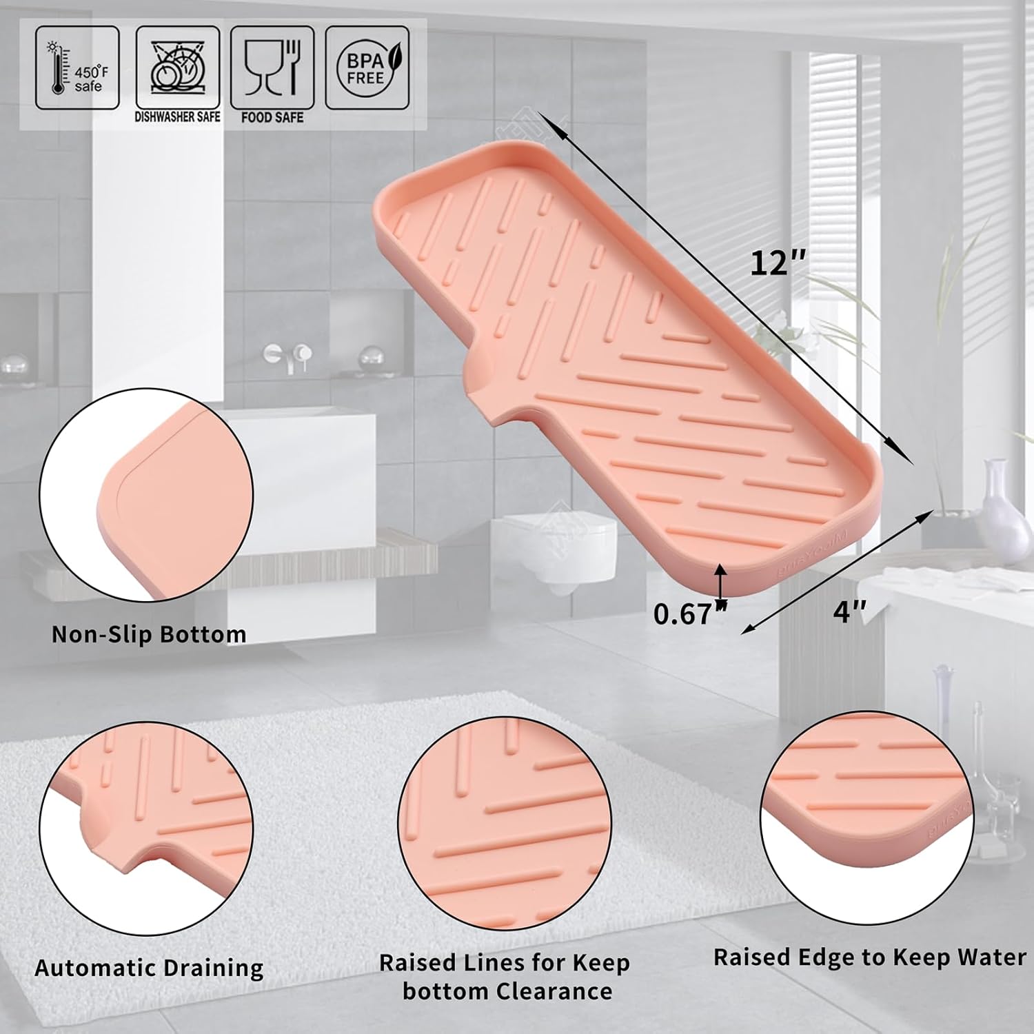 MicoYang Silicone Soap Dish with Drain Spout - 12x4 Inch Pink
