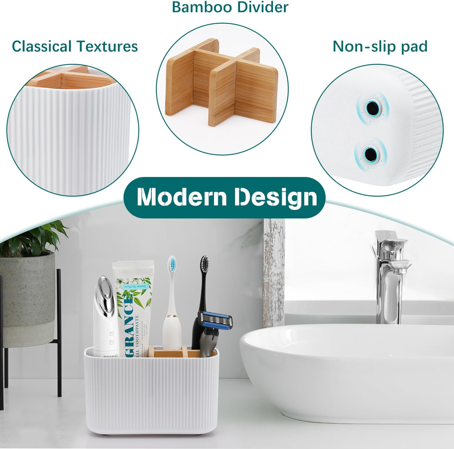 White Toothbrush Holder - Bamboo Toothbrush Organizer for Bathrooms