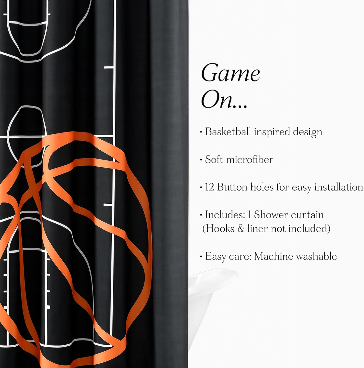 Lush Decor Basketball Game Shower Curtain 72x72 Black Orange