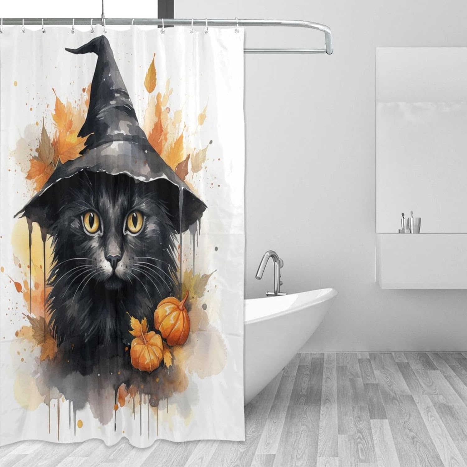 Wizard Hat Cat Shower Curtain Set with 12 Hooks 72x72in