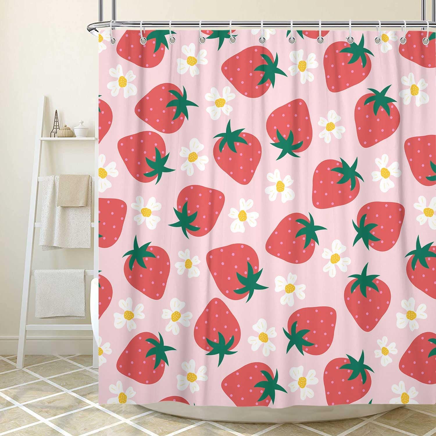 Cute Strawberry Shower Curtain Kids Girls Bathroom Decor