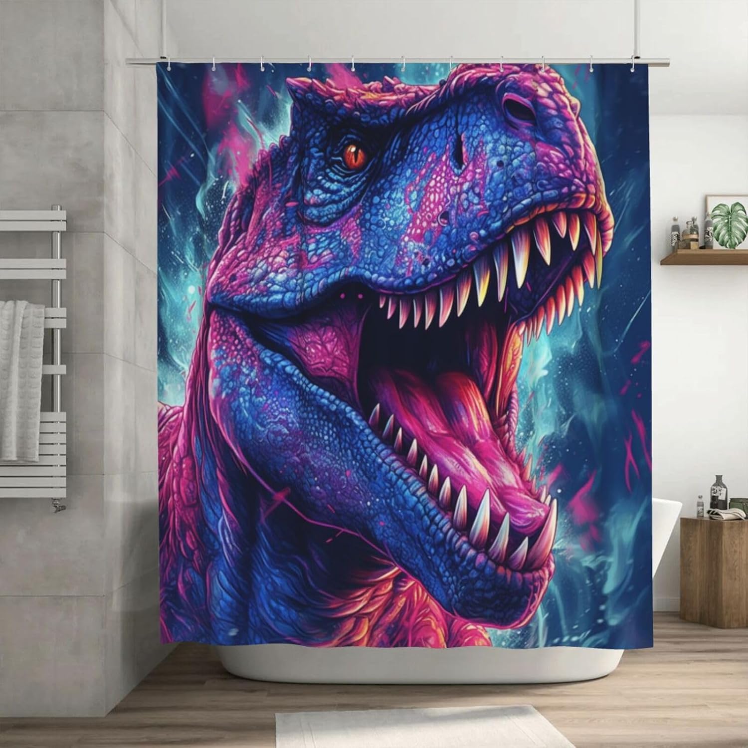 Roaring Dinosaur Waterproof Shower Curtain Set with 12 Hooks