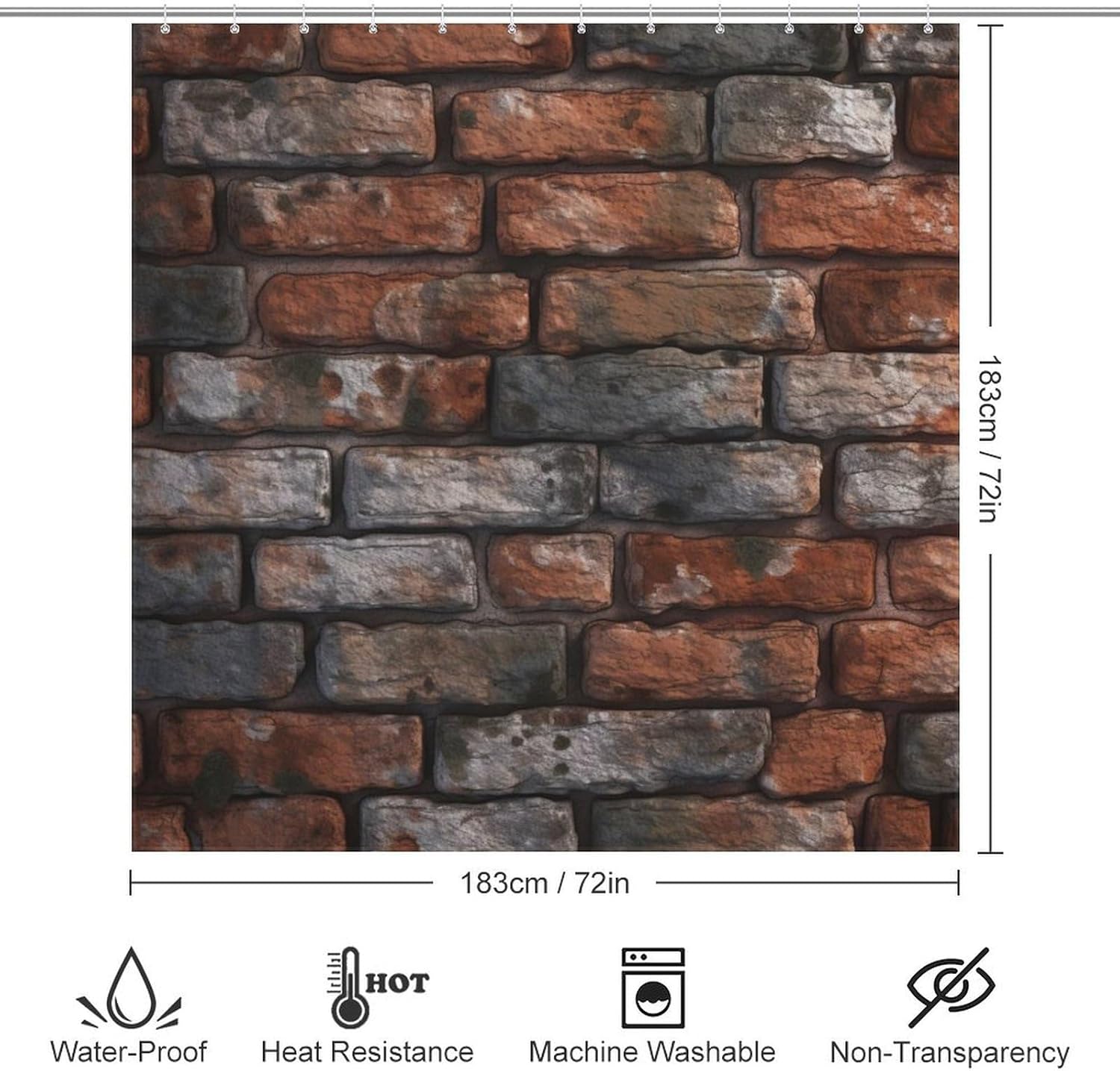 Red Brick Wall Shower Curtain with 12 Hooks 72x72in 1