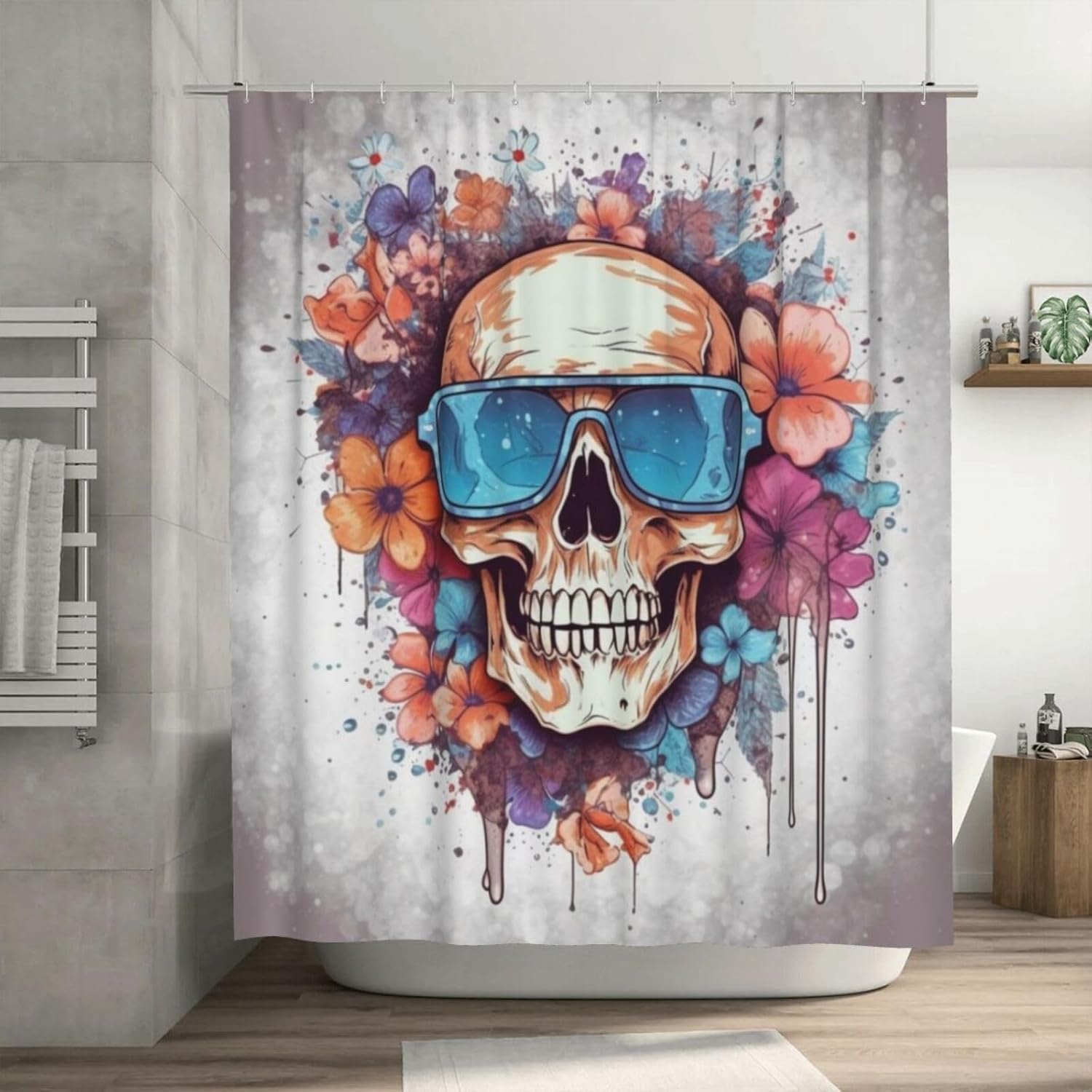 Boho Blue Flower Shower Curtain Set with 12 Hooks 72x72in