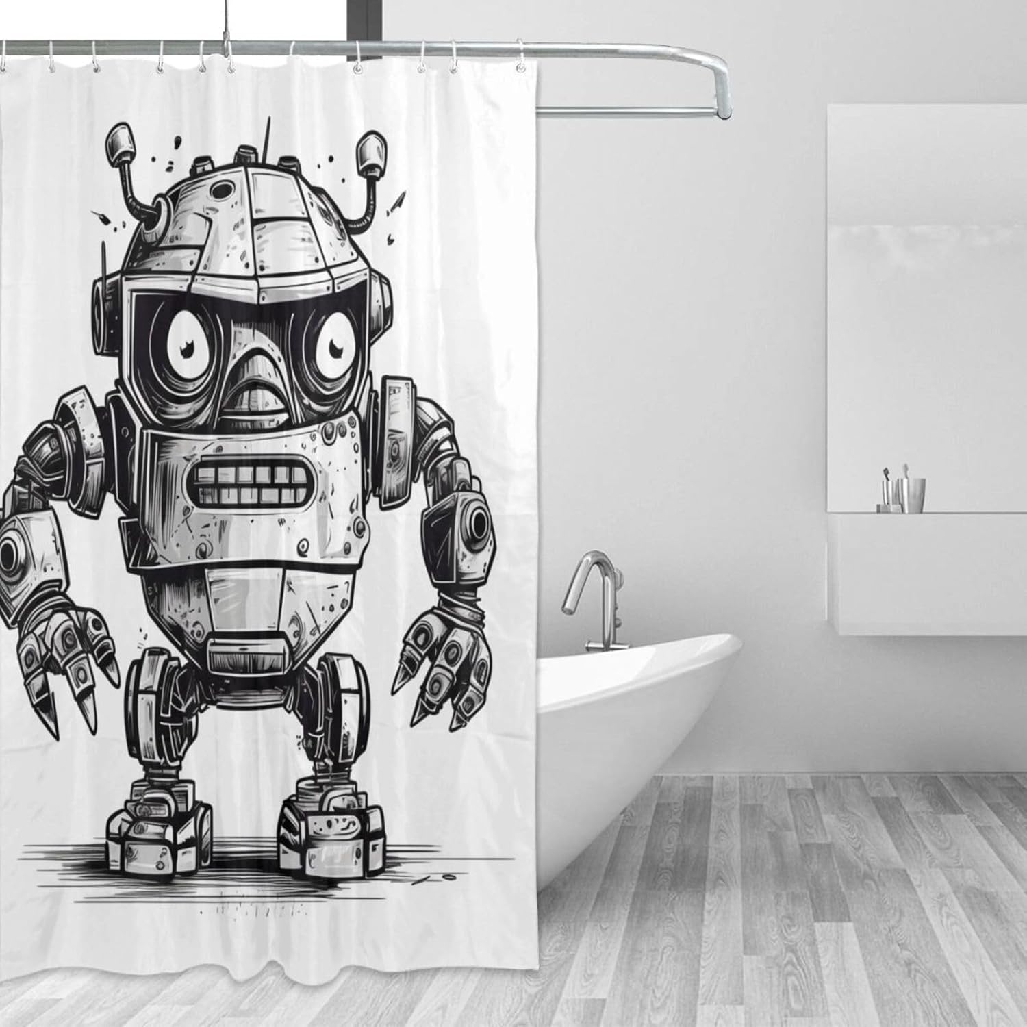 Cartoon Robot Shower Curtain Set with 12 Hooks 72x72in