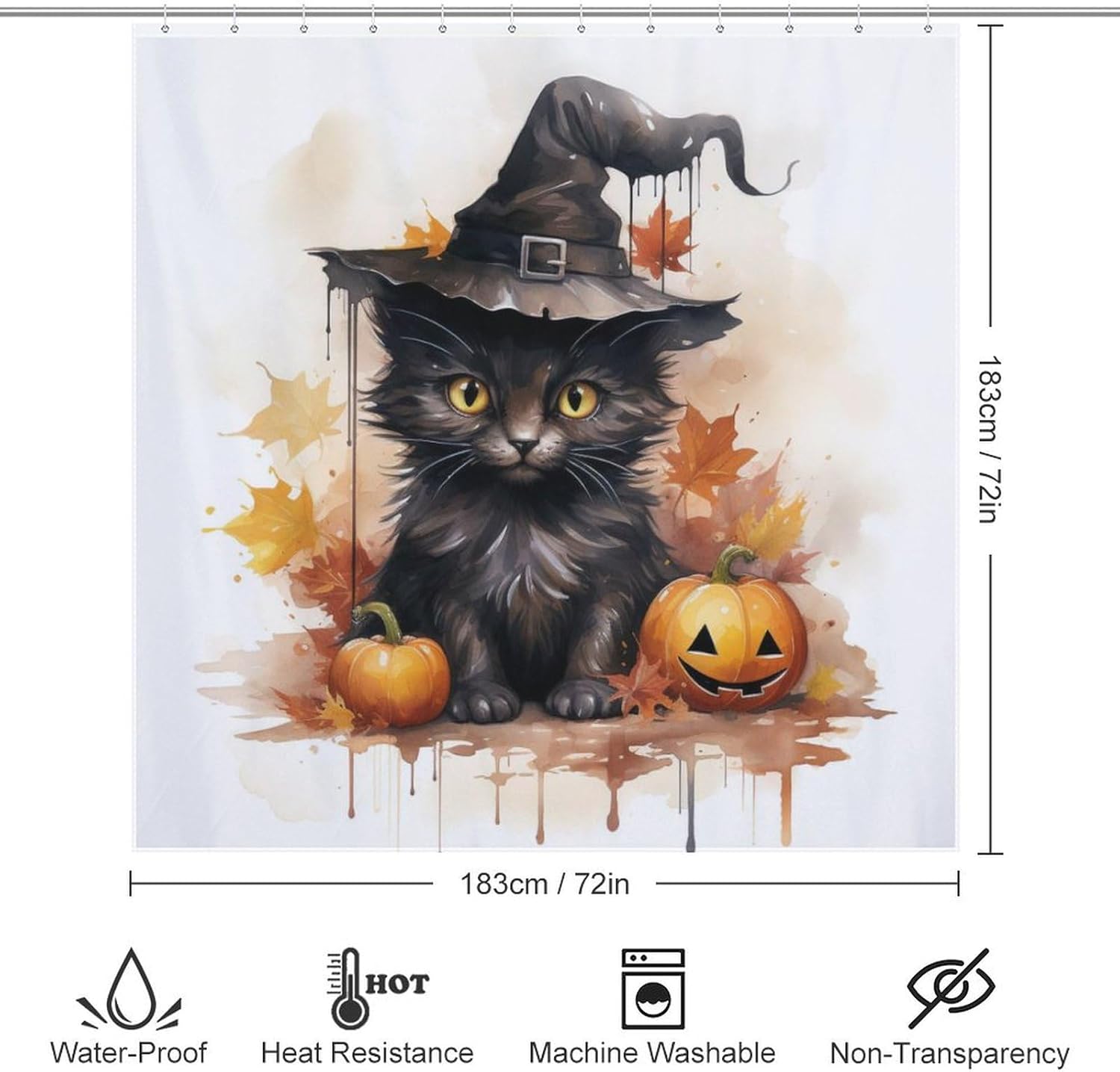 Wizard Hat Cat Shower Curtain Set 72x72in Waterproof