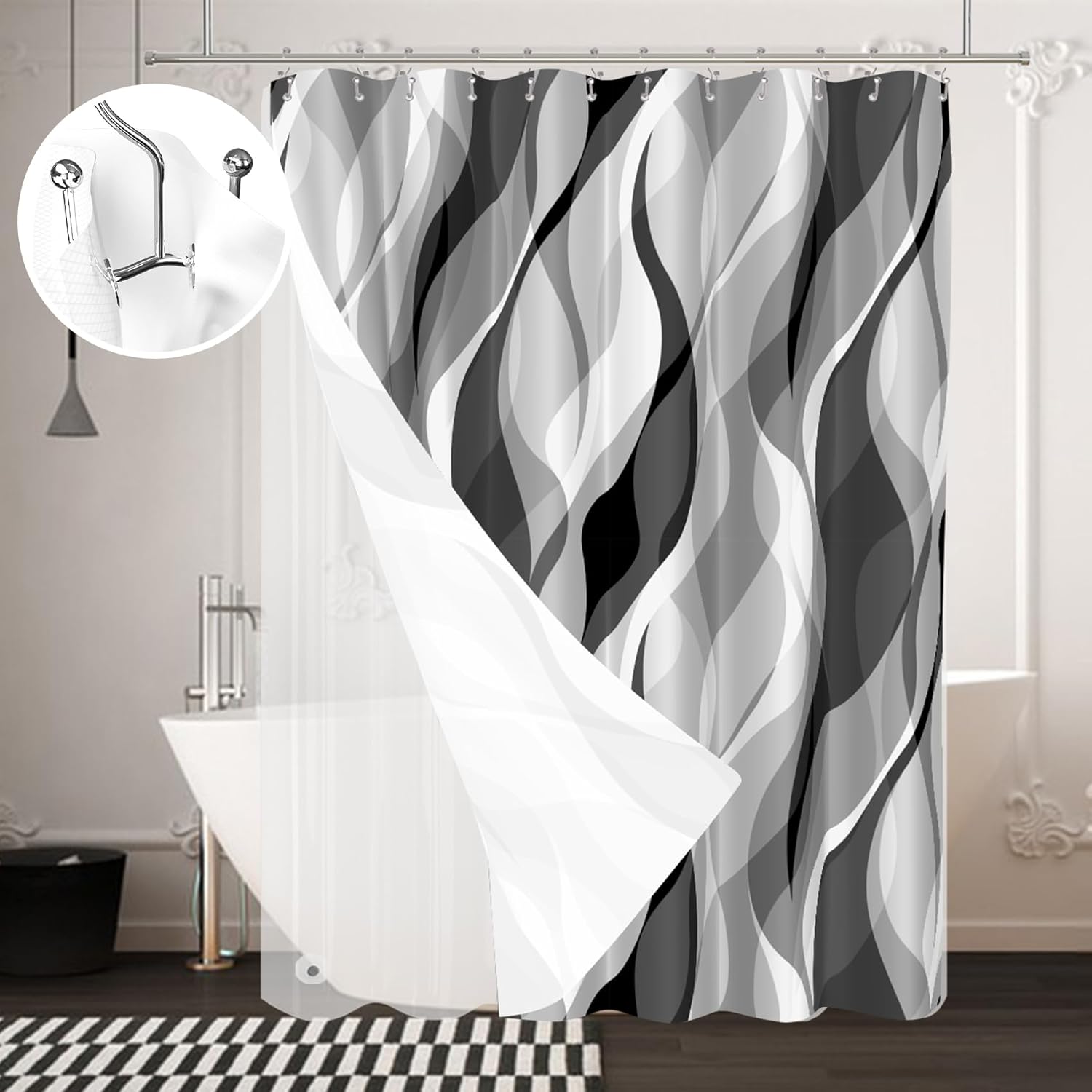 Grey Black Modern 3 in 1 Shower Curtain Set