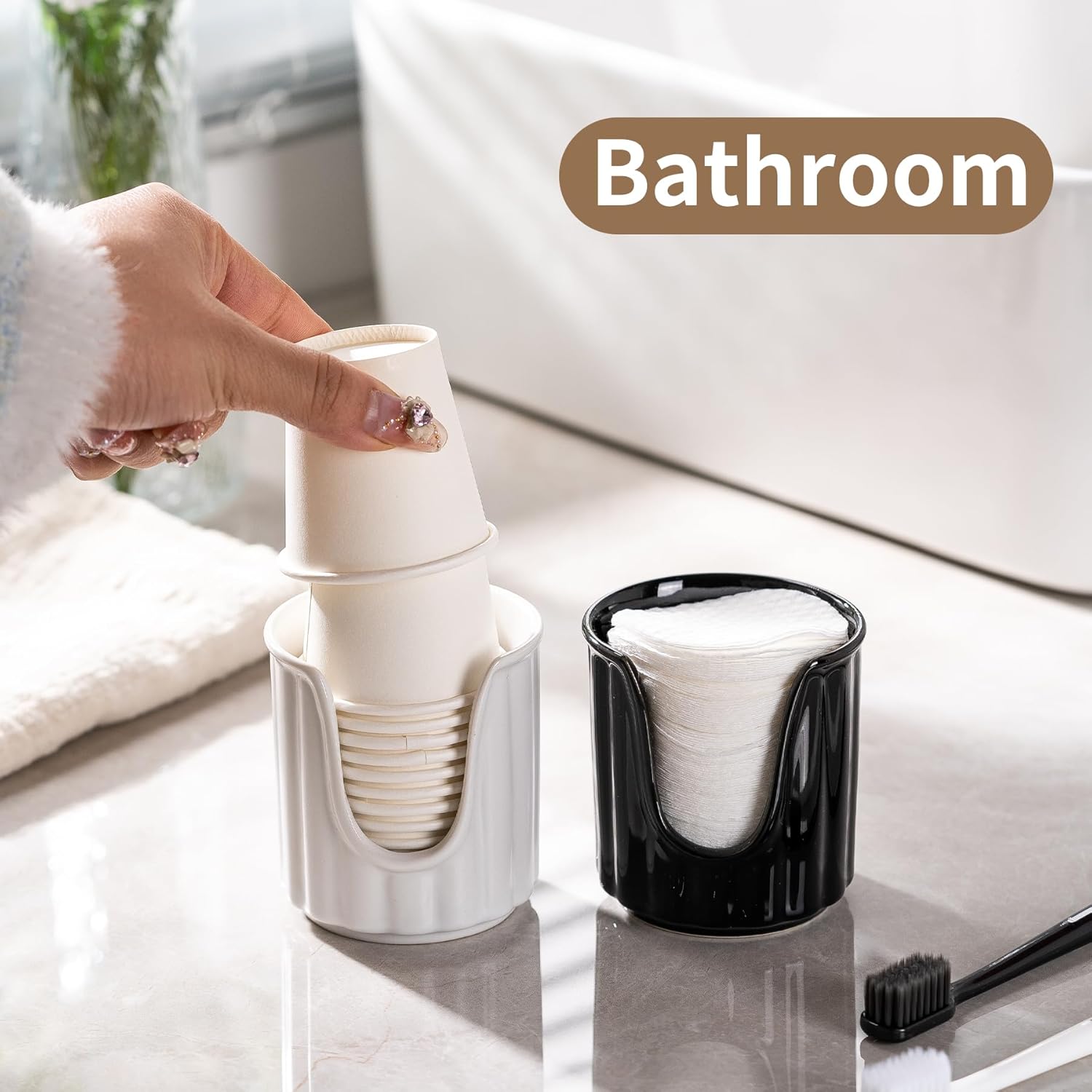 Ceramic Cup Dispenser with Vertical Stripes - 3oz Dixie Cup Holder for Bathroom