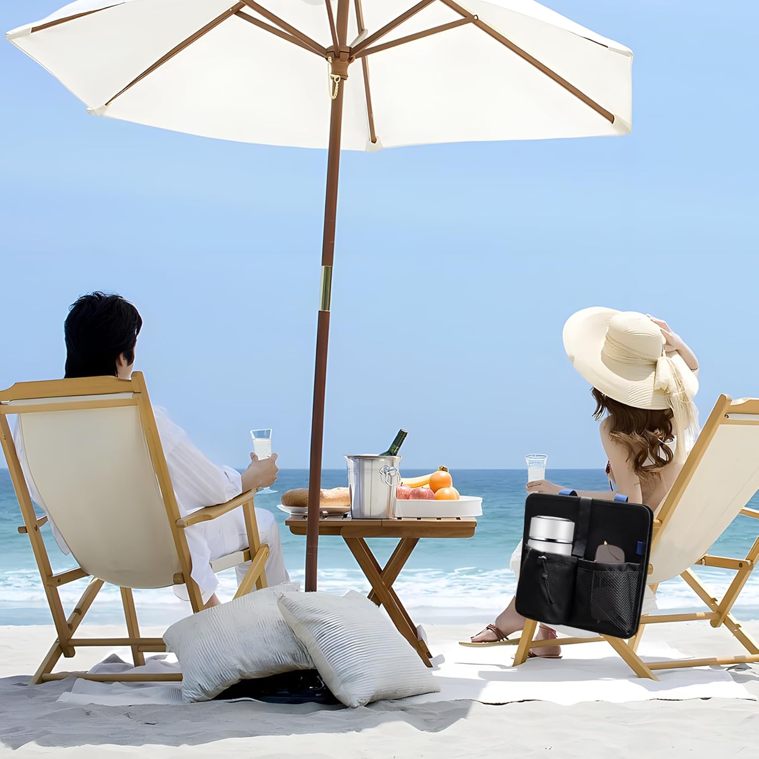 Klmnop Beach Chair Cup Holder with 3 Pockets - Black