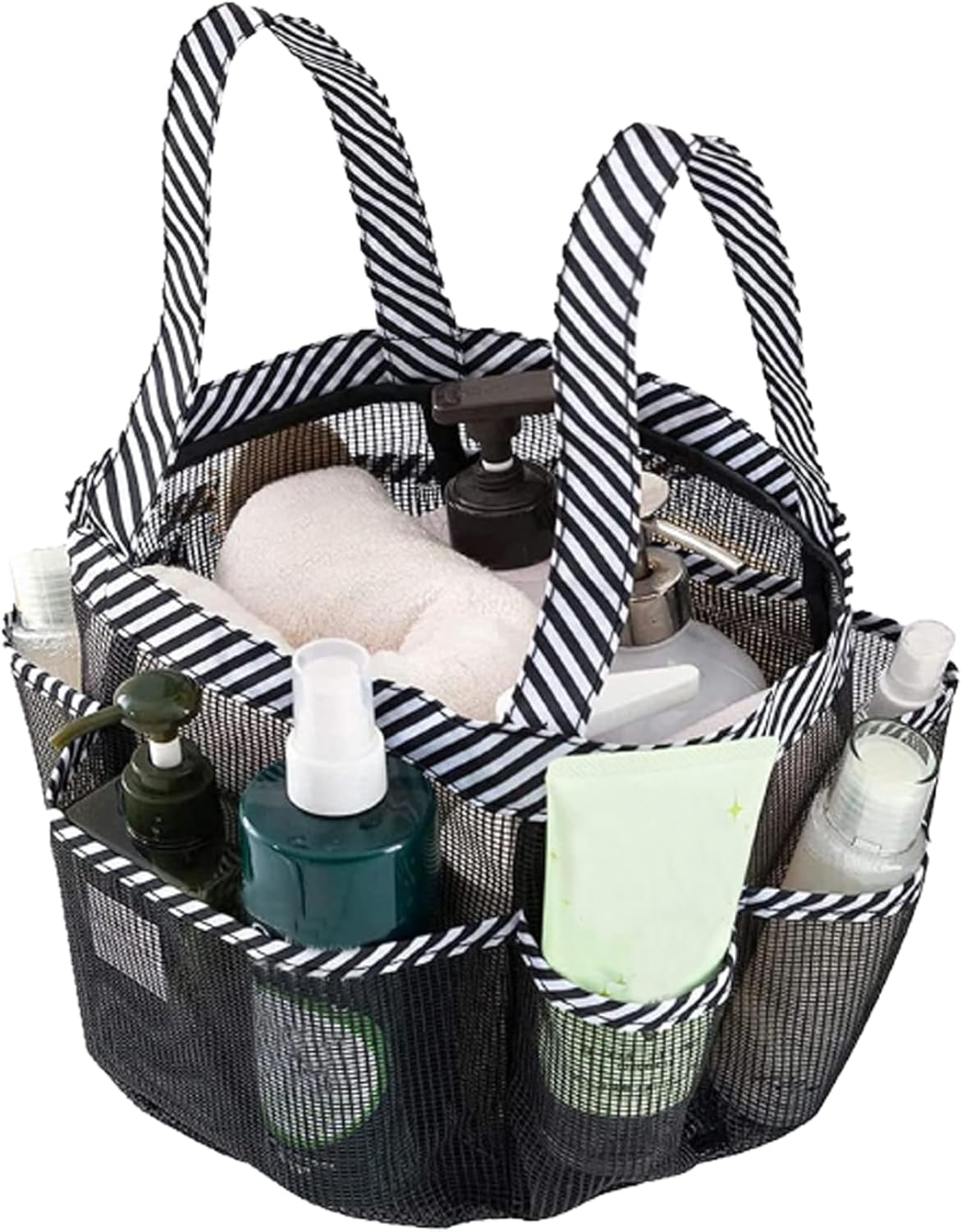 Mesh Shower Caddy with 8 Pockets Portable Black White