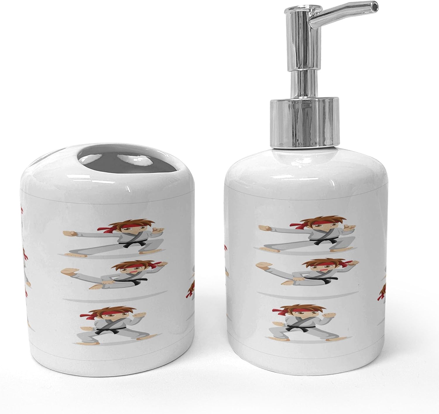 Ambesonne Karate Boy Soap Toothbrush Holder Set 2 Pcs Ceramic Beige Vermilion