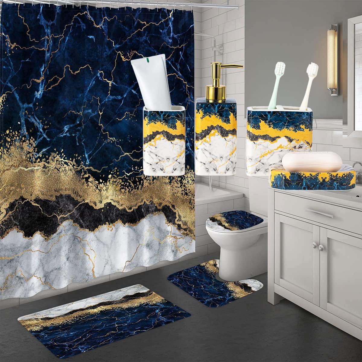 4 Piece Blue Marble Bathroom Accessories Set