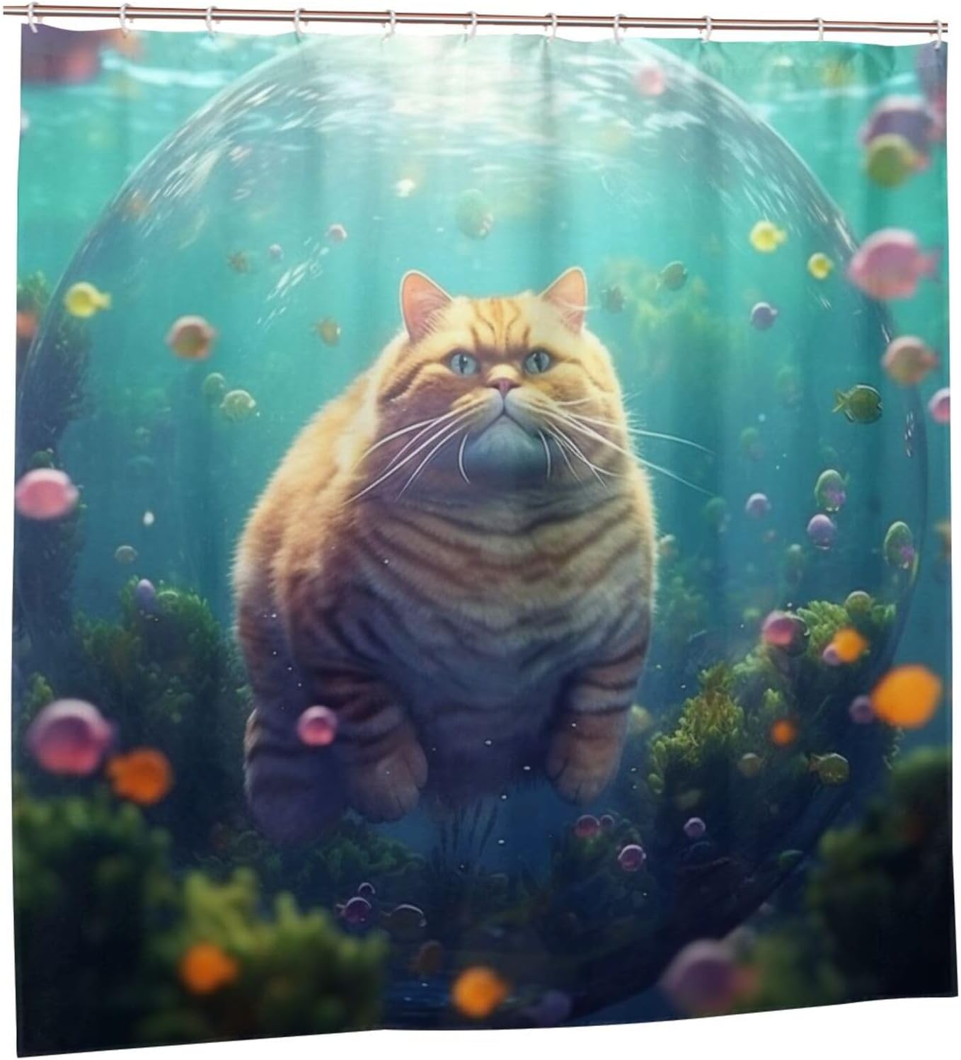 Cute Fat Cat Underwater Fun Fish Shower Curtain Set