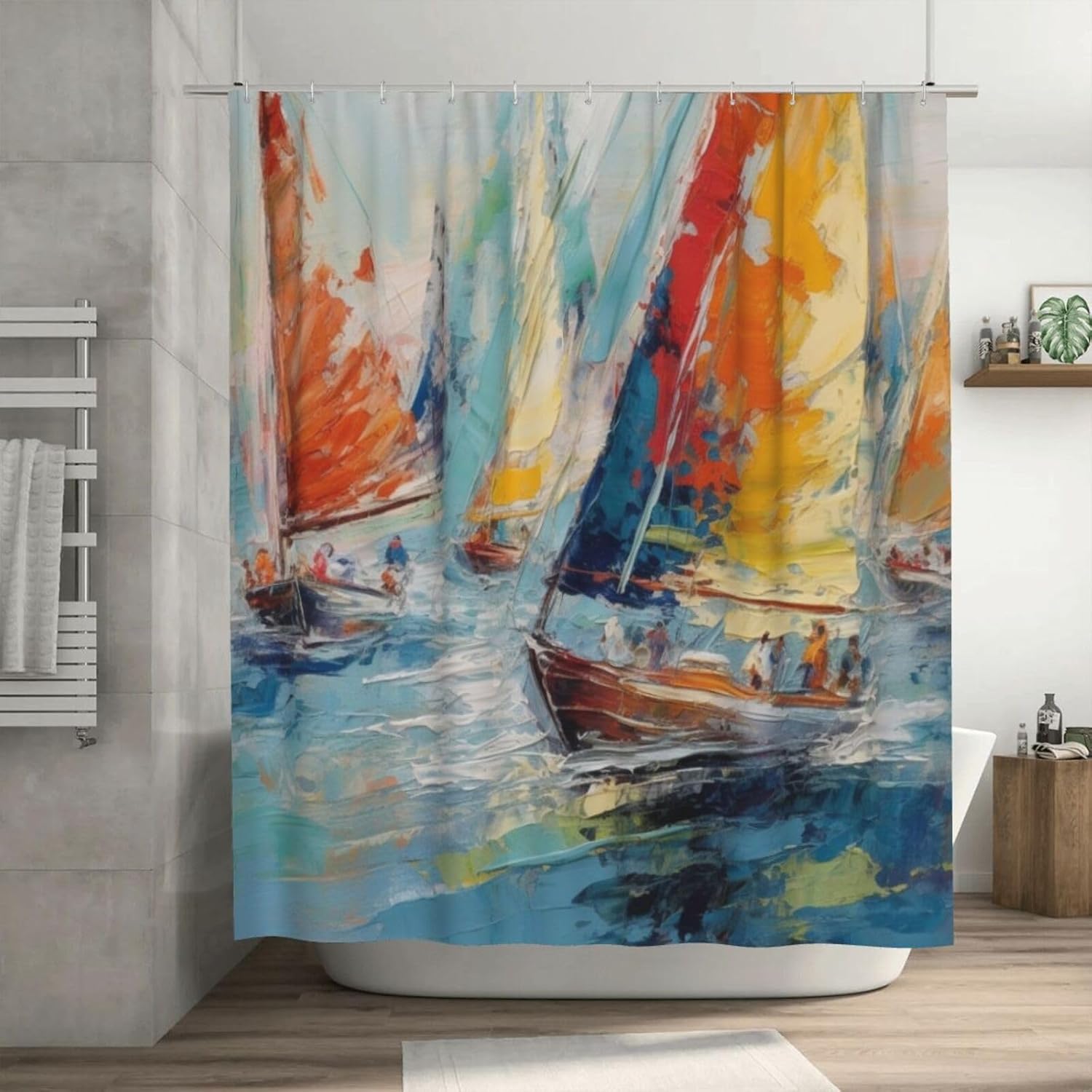 Red White Sailboat Shower Curtain Set with 12 Hooks 72x72in