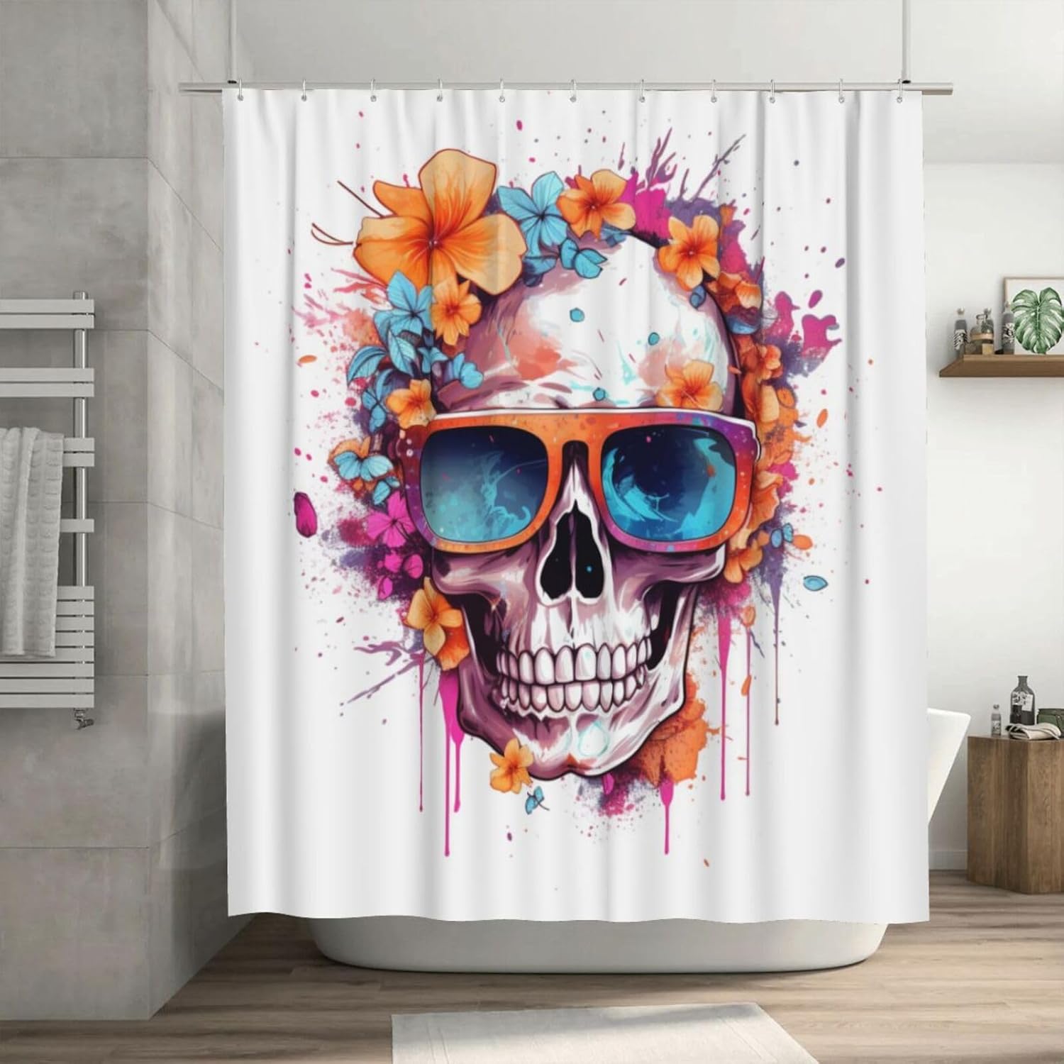 Boho Blue Flower Skull Shower Curtain Set with 12 Hooks 1