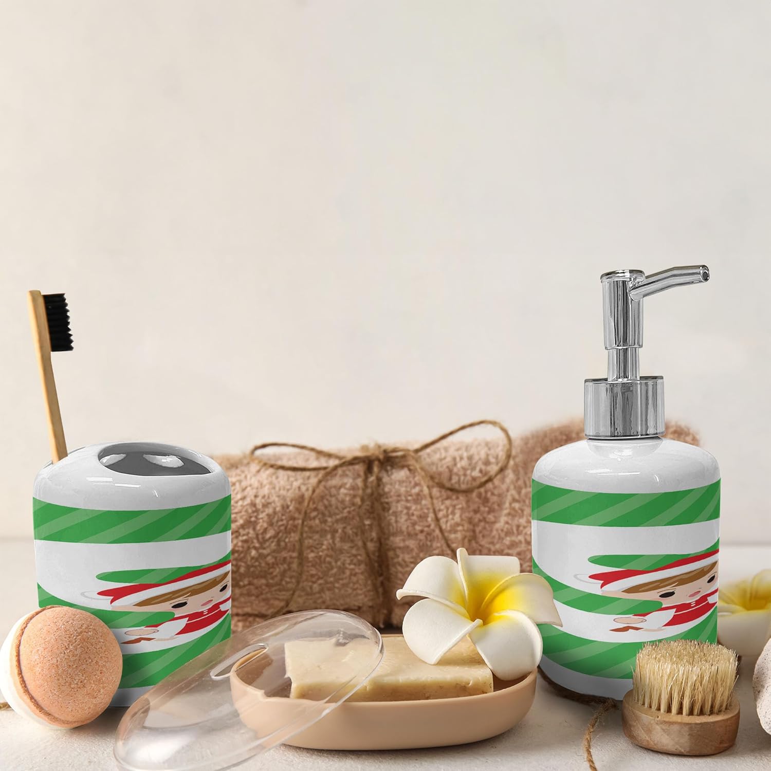 Ambesonne Christmas Alphabet Soap Dispenser Toothbrush Holder Set 1