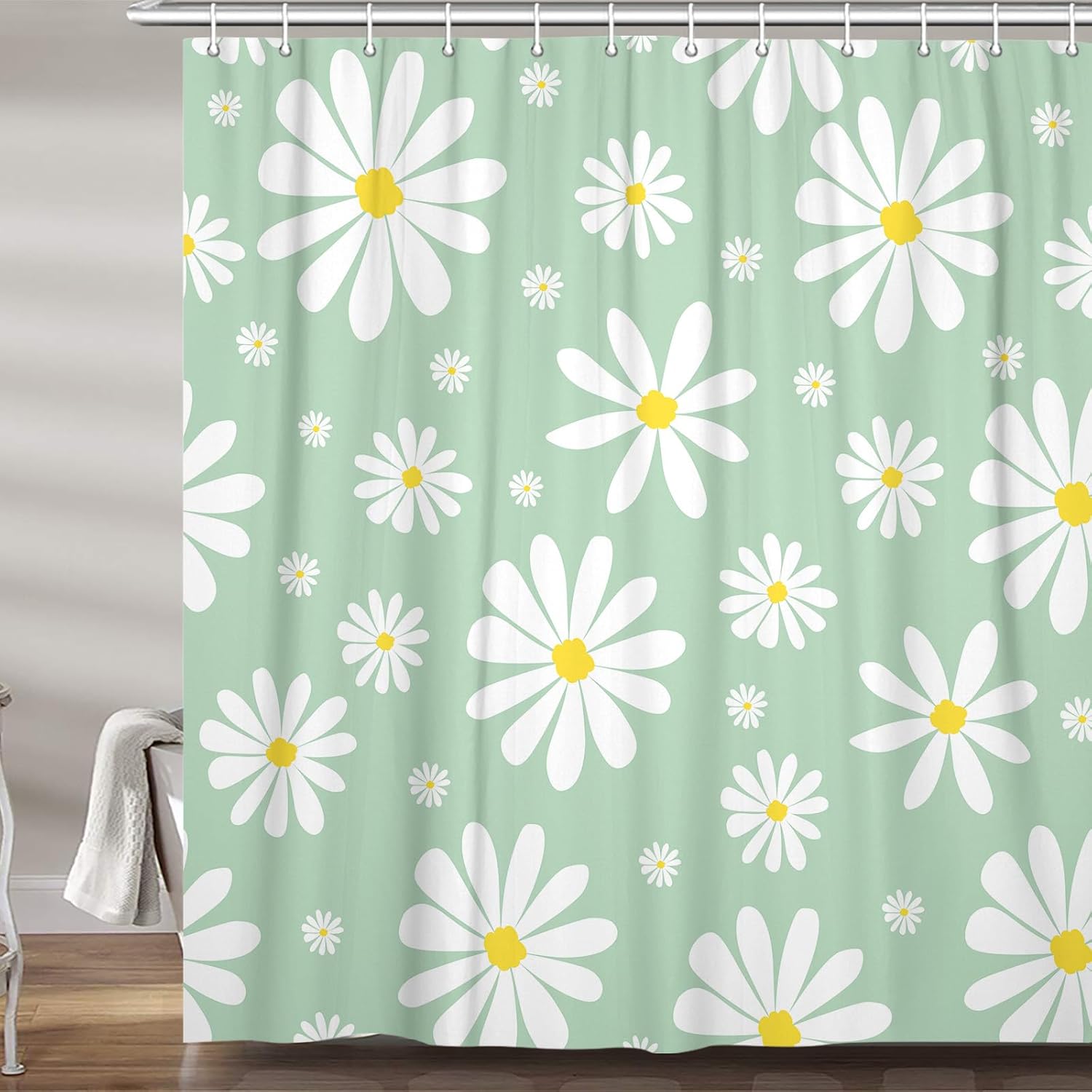 Green Daisy Floral Shower Curtain Set
