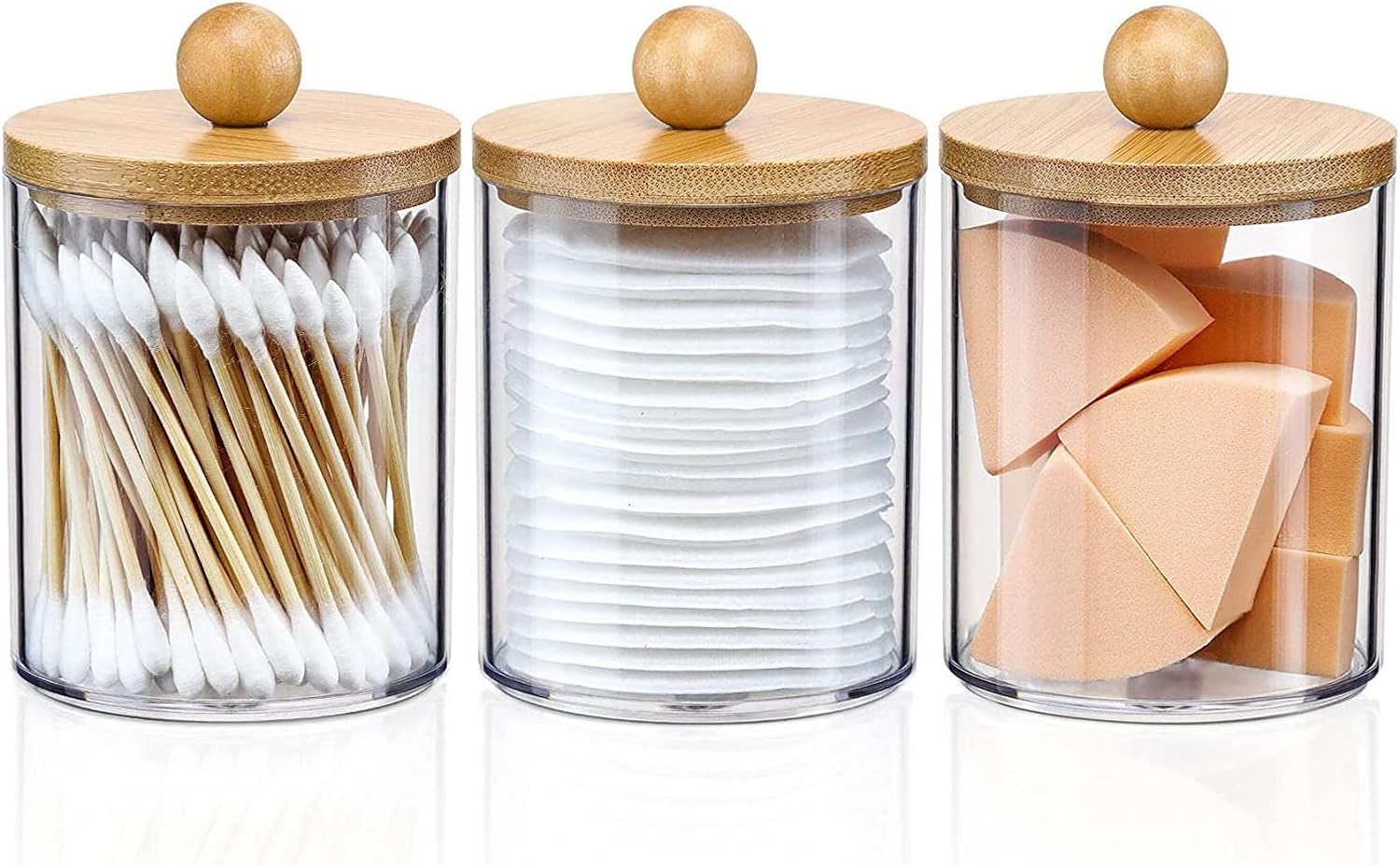 DIYOHFE 3PC Acrylic Q-Tip Dispenser with Wood Lid