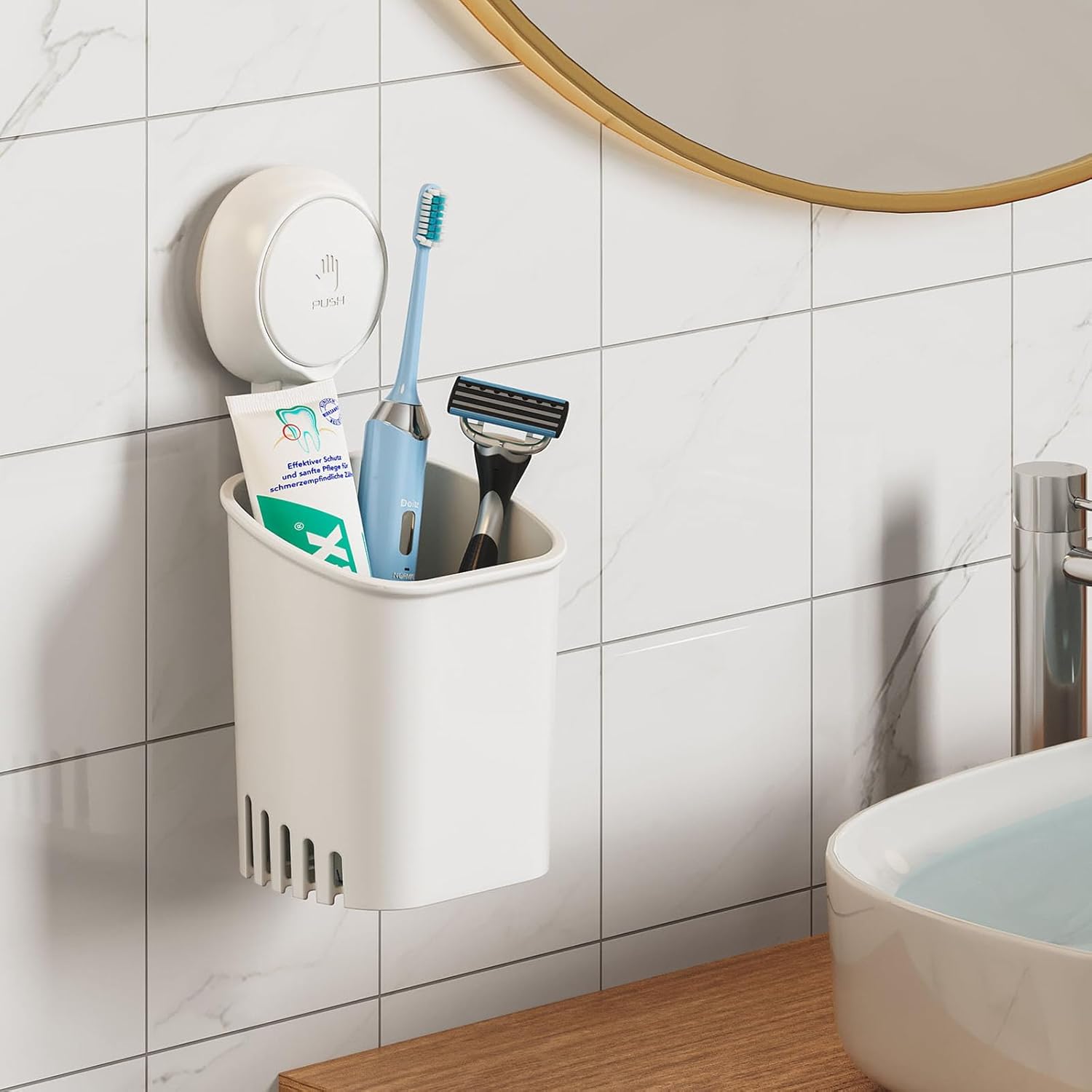 LEVERLOC Suction Cup Toothbrush Holder Wall Mount Drilling-Free White